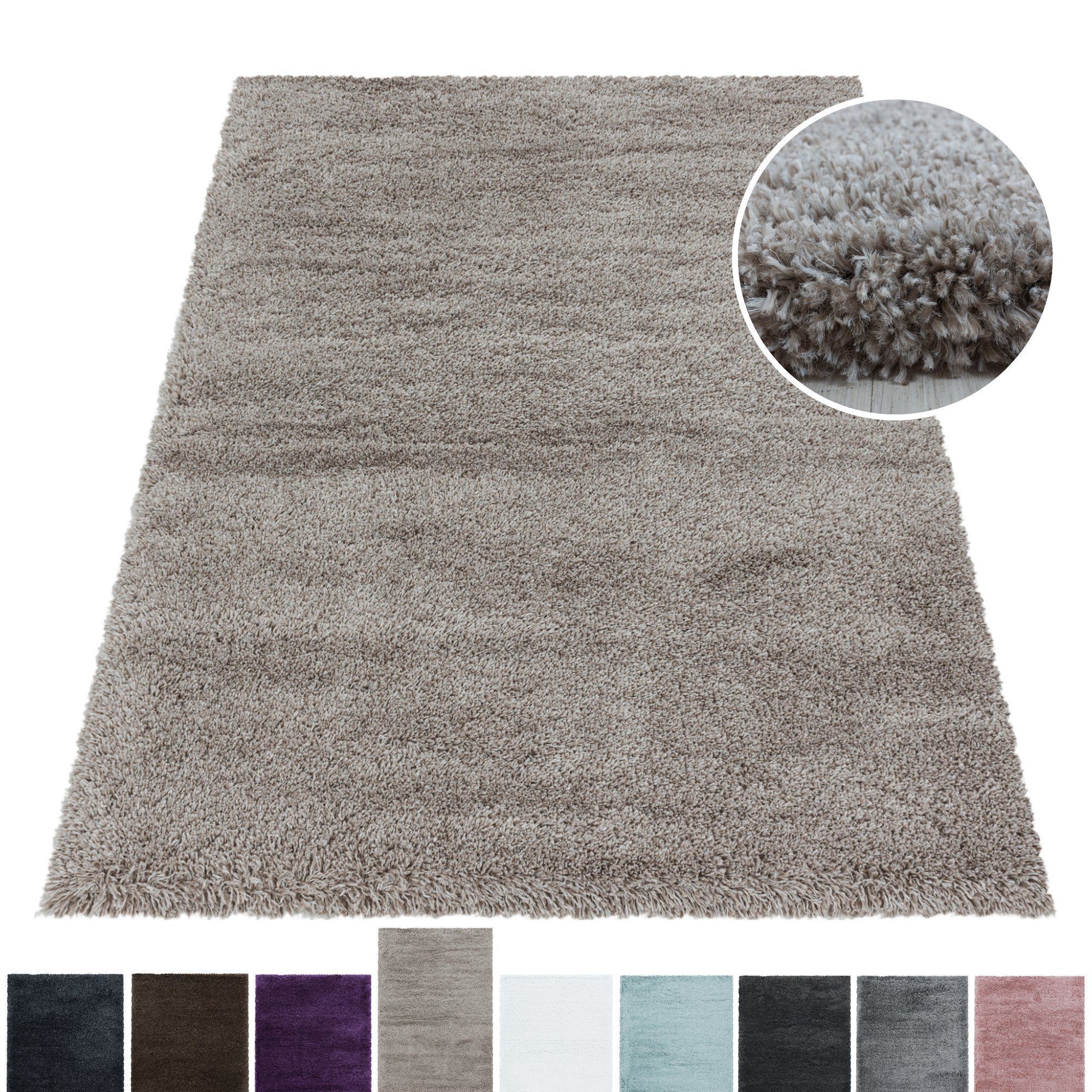 Hochflor-Teppich Teppich Hochflorteppich Shaggy Unifarben kuschelig Wohnzimmer, Miovani, Rechteckig, Höhe: 50 mm Beige