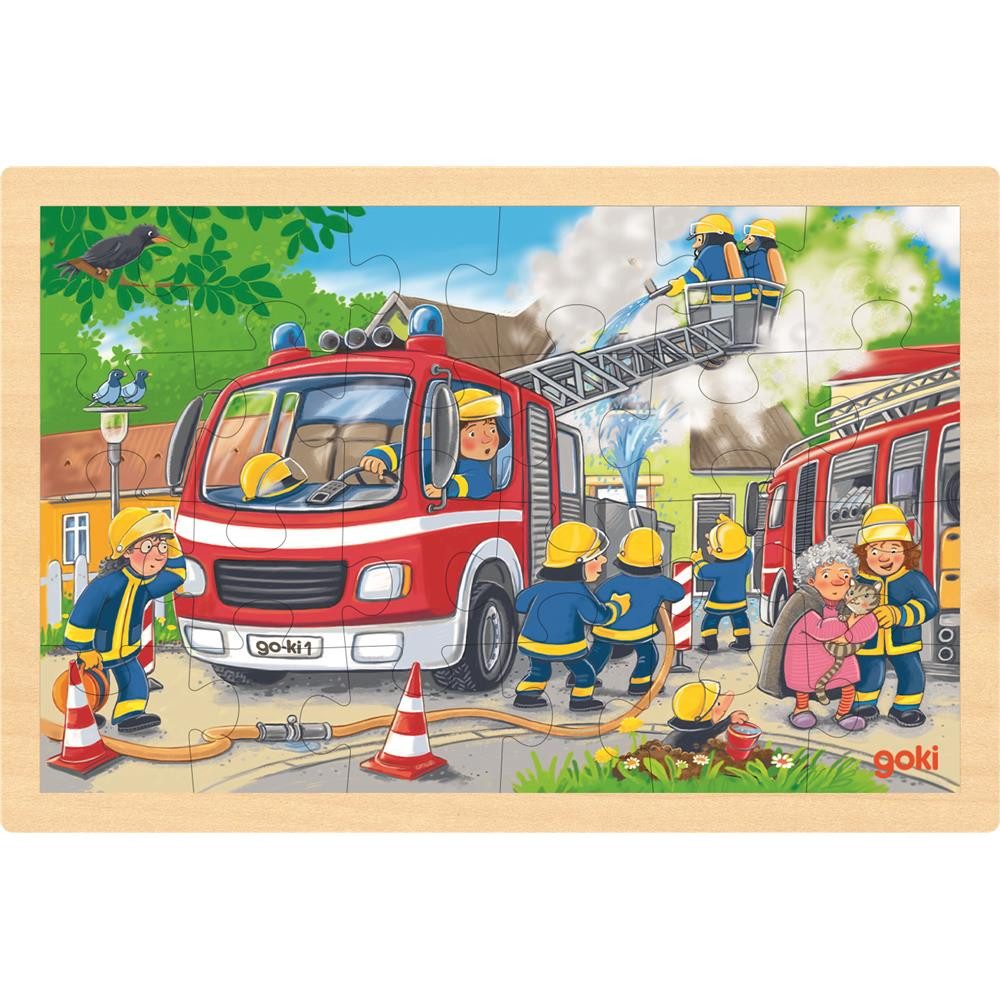 goki Lernspielzeug goki Einlegepuzzle Feuerwehreinsatz Holz 24-teilig, ab 3 Jahren, Fördert Konzentration und Motorik