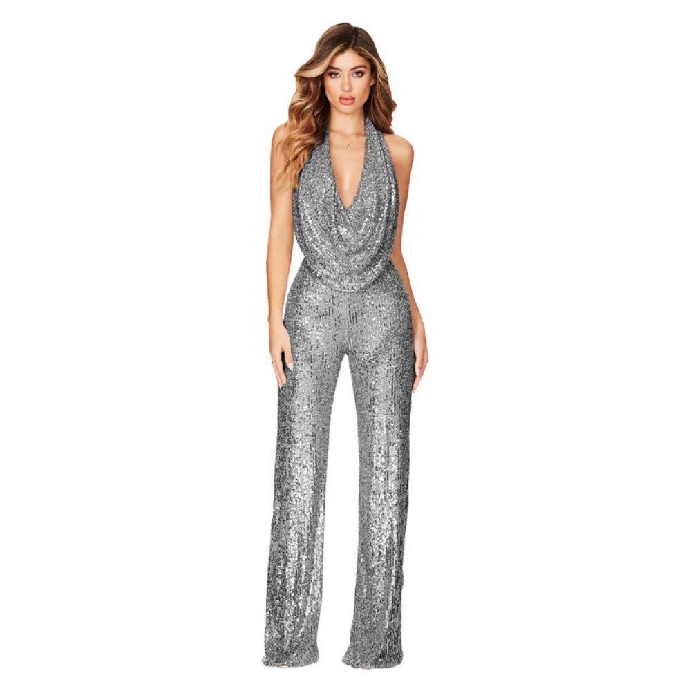 jalleria Playsuit Ärmelloser Neckholder-Jumpsuit für Damen mit Pailletten