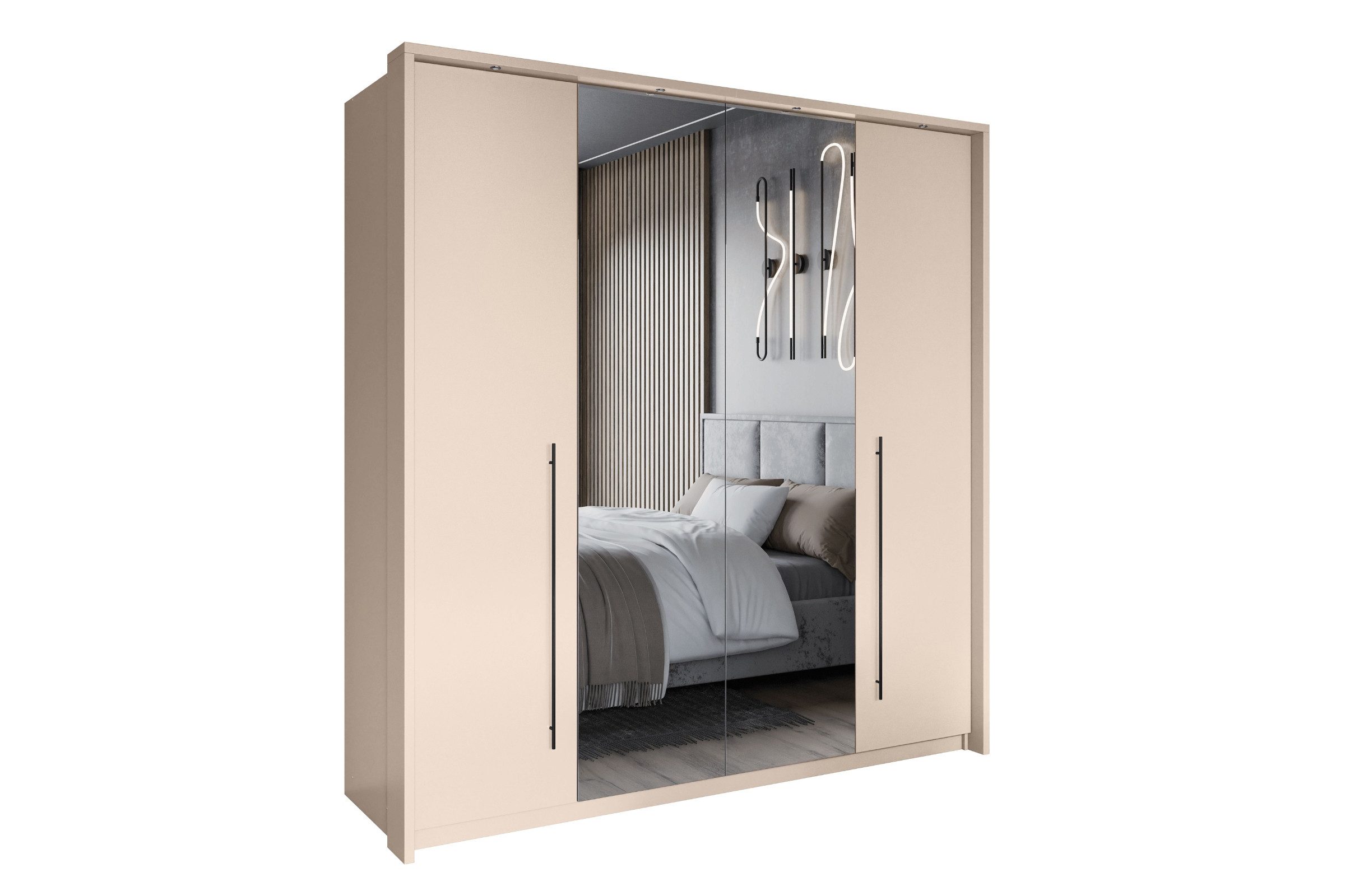 Deine Möbel 24 Kleiderschrank SAVA Falttürenschrank 210 cm breit mit Spiegel (Set, 4-St., 4-türig Sandbeige Beige) mit LED Beleuchtung ideal für Schlafzimmer Flur