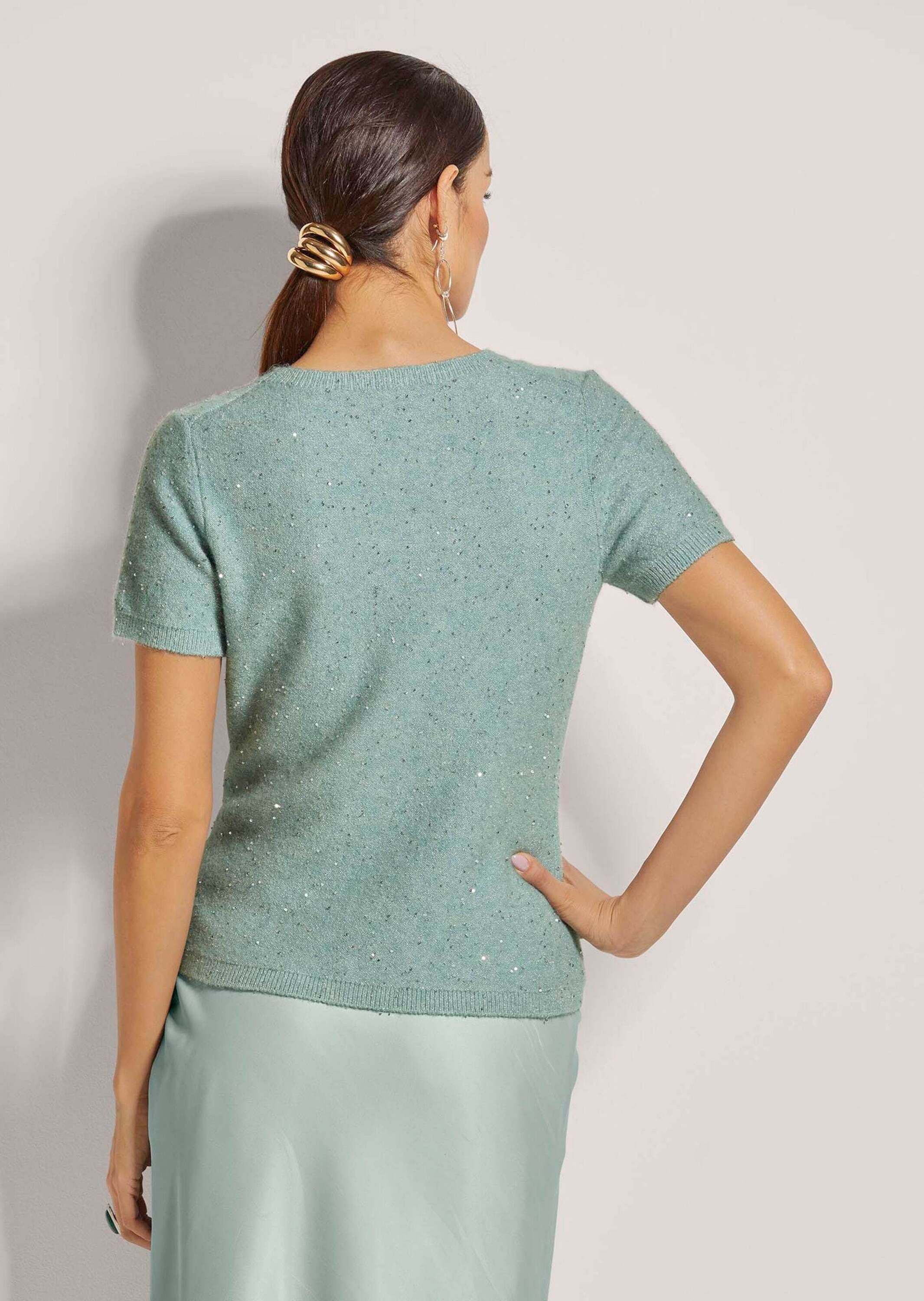 MADELEINE Strickpullover Glitzernder Kurzarm-Pullover, Rundhals Schimmernde Akzente durch Pailletten und runden Ausschnitt