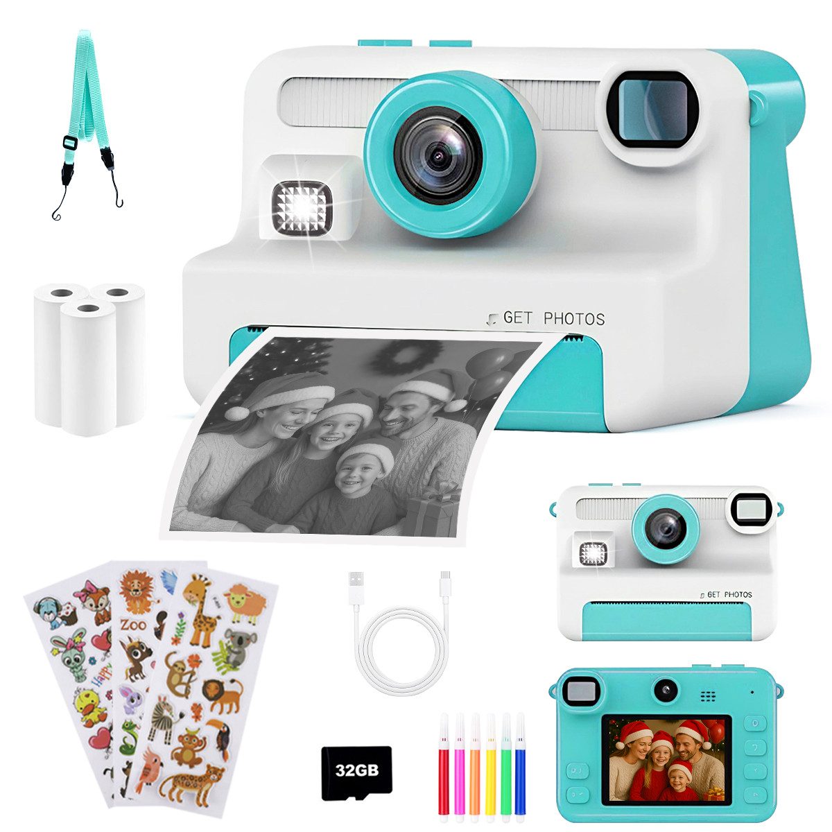 FOSMET Kinderkamera Sofortbildkamera,1080P 2,4" Display Digitalkamera Kinder Kinderkamera (30 MP, 8x opt. Zoom, inkl. Lustige Kinderspielzeug Geschenke für Jungen & Mädchen von 3-12 Jahren, 30MP Sofortbildkamera Kinder mit 32GB Karte & 3 Rollen Druckpapier)
