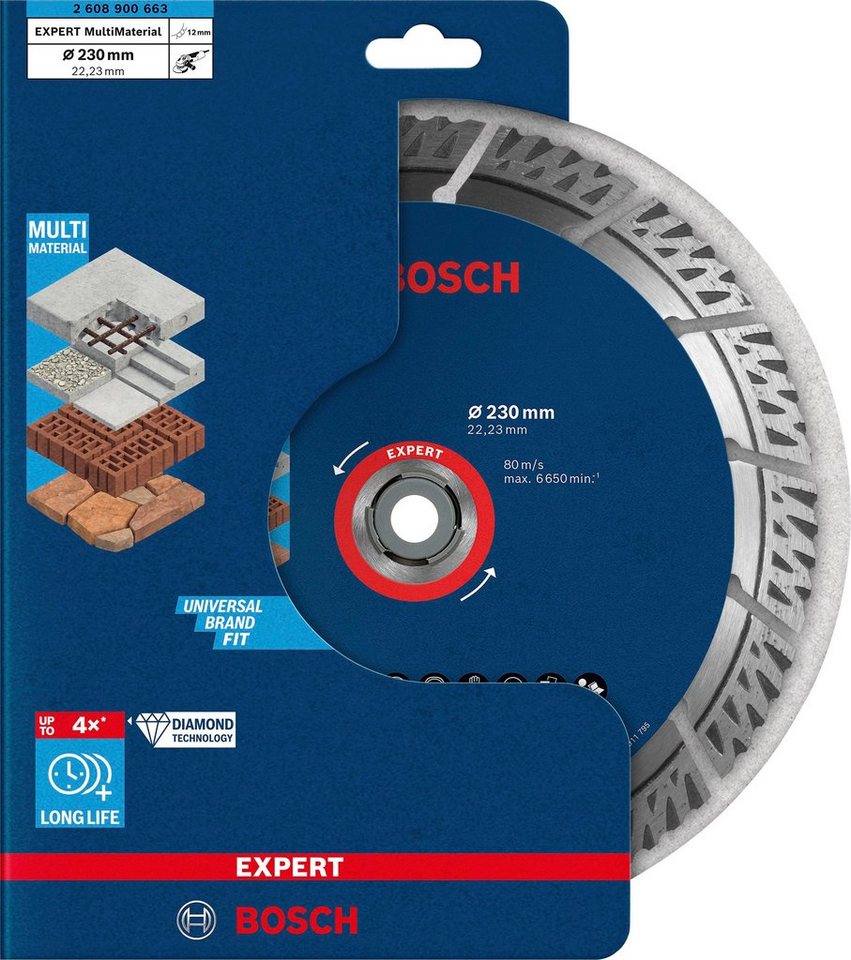 Bosch Professional Diamanttrennscheibe Expert MultiMaterial, Ø 230 mm,  22,23 x 2,4 x 15 mm, Hält bis zu 4x länger als Standard-Diamanttrennscheiben
