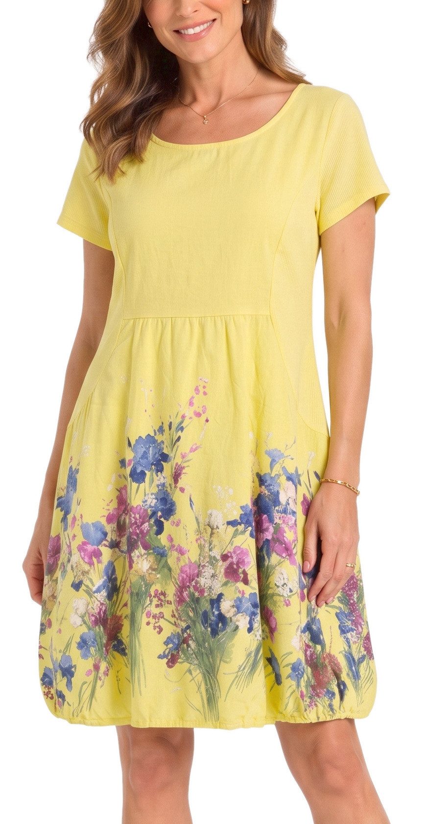 dy_mode Midikleid Damen Sommerkleid mit Blumenmuster Ballonkleid kurzarm Kurzarmkleid Leicht tailliert, 95 cm lang, Blumen-Print