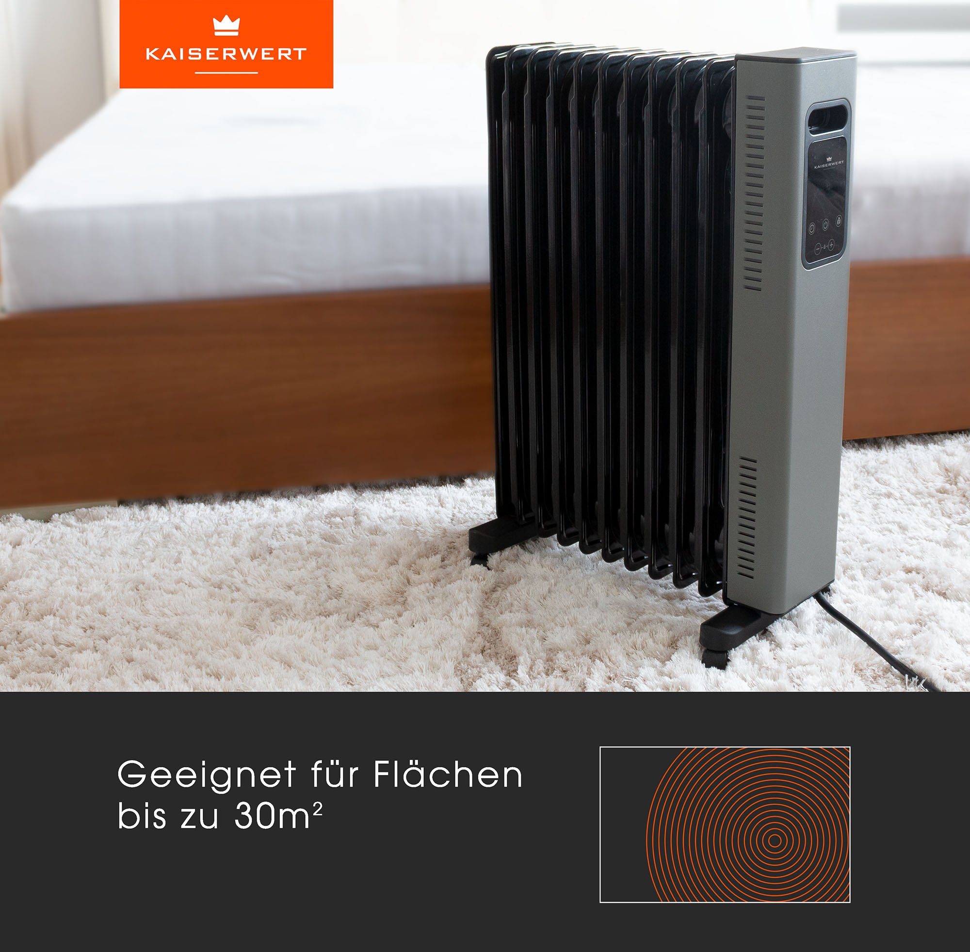 Kaiserwert Ölradiator Deluxe, 2500 Rippen, Touch-Display, 11 W, Memory-Funktion 24h-Timer, Thermostat