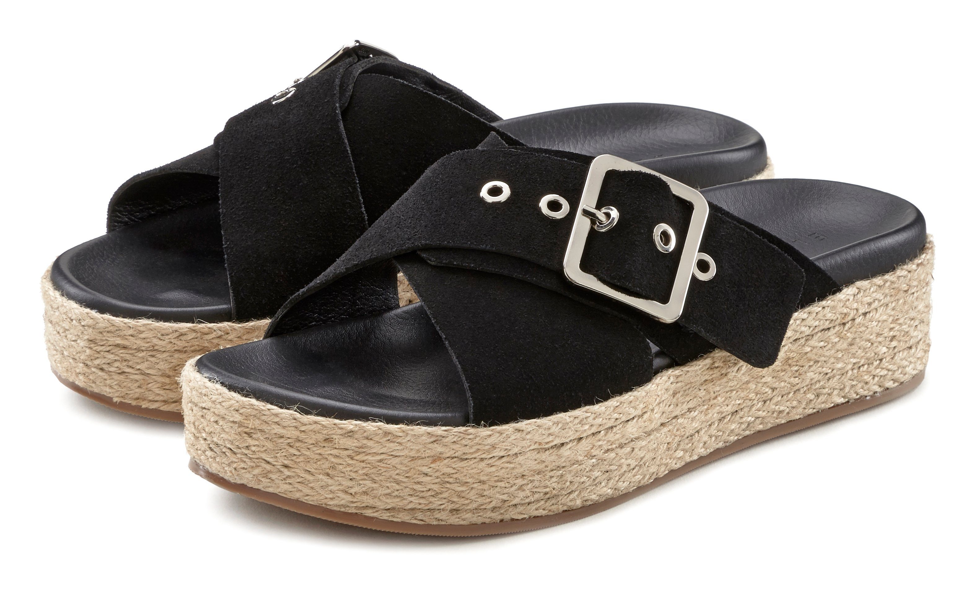 Sandale, Pantolette Schuh Leder Plateauabsatz mit aus offener Mule, Elbsand