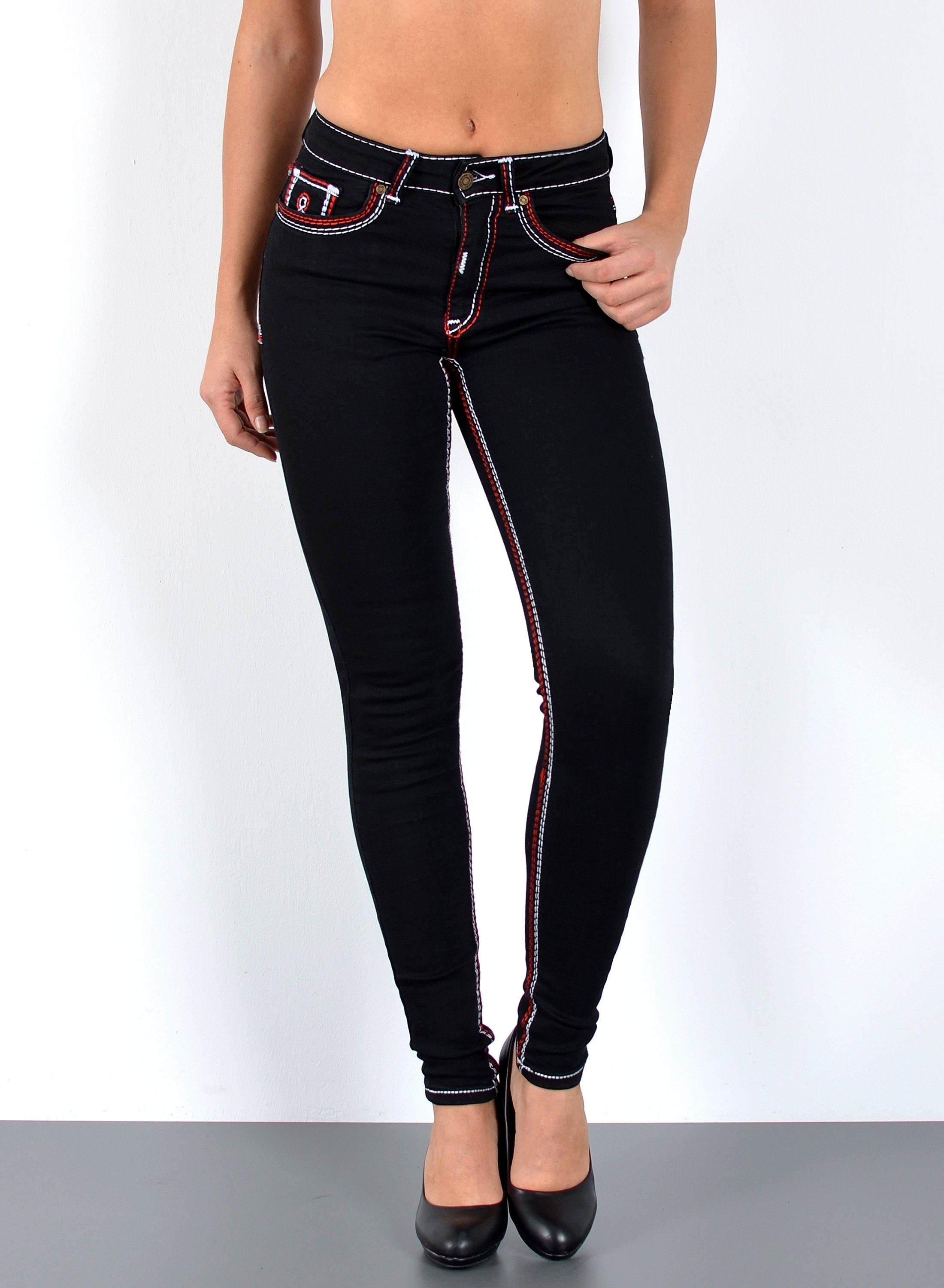 ESRA Skinny-fit-Jeans Jeans Damen Skinny Hose High Waist Jeanshose dicke Naht Jeans Skinny Jeans schwarz Damen Jeans Stretch Hose Schwarz Damen Jeans High Waist