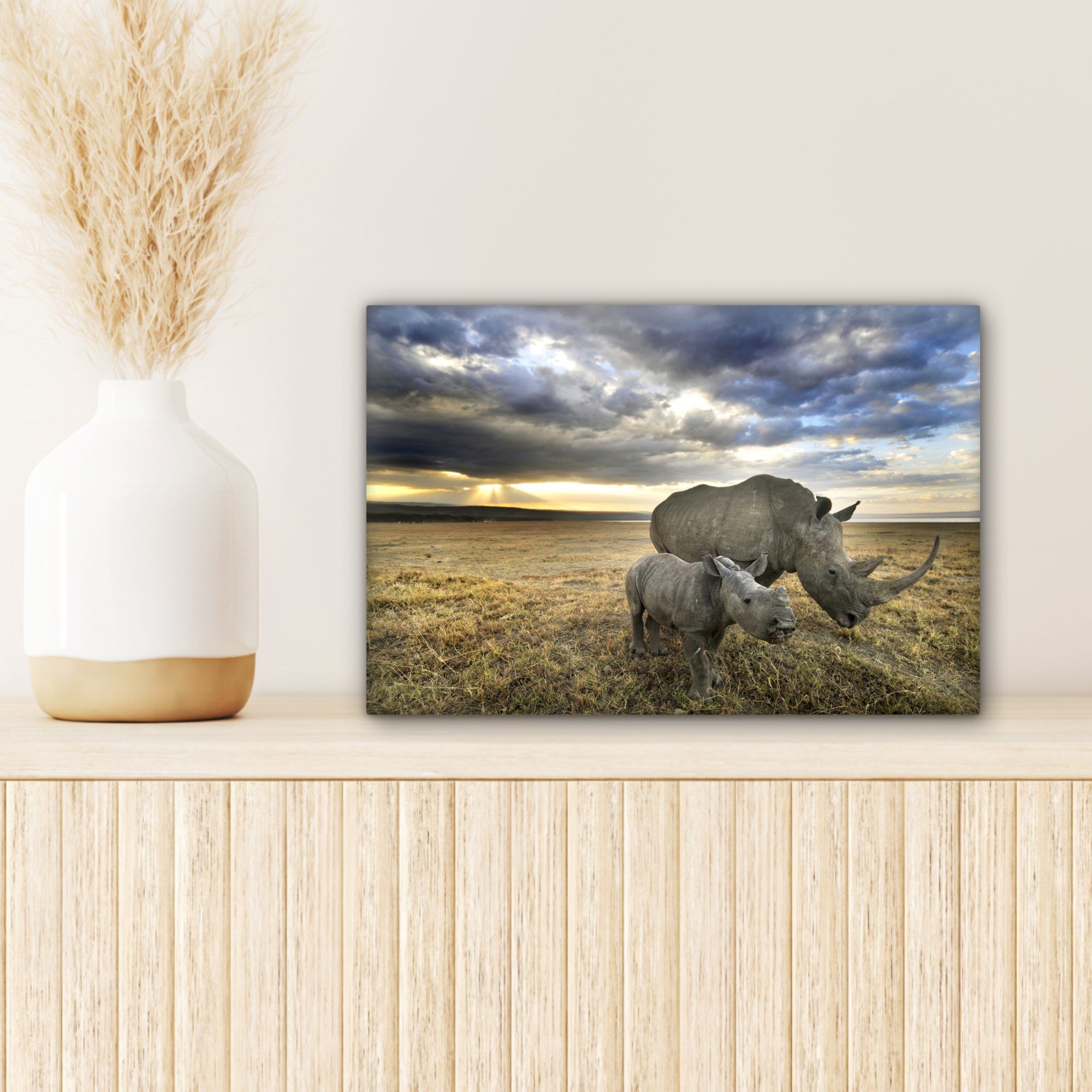 cm Rhinozeros (1 OneMillionCanvasses® Wandbild Safari, Kalb Wanddeko, Leinwandbilder, St), Leinwandbild - - 30x20 Aufhängefertig,