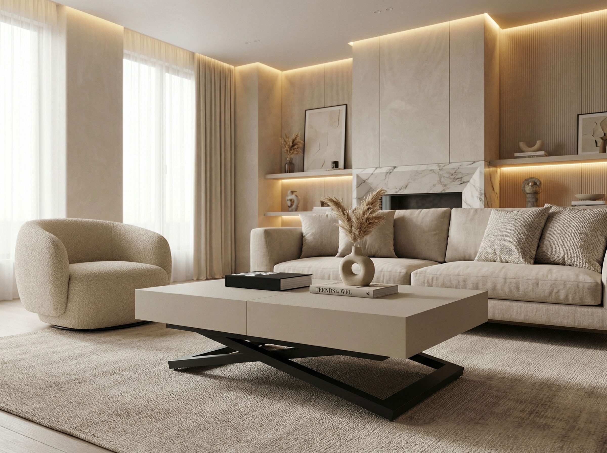 WFL GROUP Couchtisch Cavetta U höhenverstellbar ausziehbar mit schwarzen Metallbeinen (MADE IN EU, erhältlich in einer Größe – 120x80x27-76 cm, ausziehbar auf 200 cm), industrial Tisch in Holzoptik für Küche, Esszimmer oder Wohnzimmer
