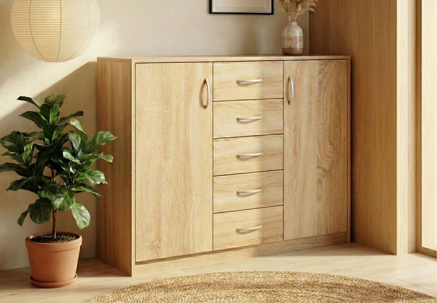 Home Collective Kommode mit 5 Schubladen und 2 Türen in matter Ausführung, Kommode 110cm breit (mit hochwertigen Polymergriffen, aus laminierter Platte gefertigt, Metallrollen mit Auszugsstopp), Holz Schrank Sideboard Highboard Kommode mit Schubladen sono
