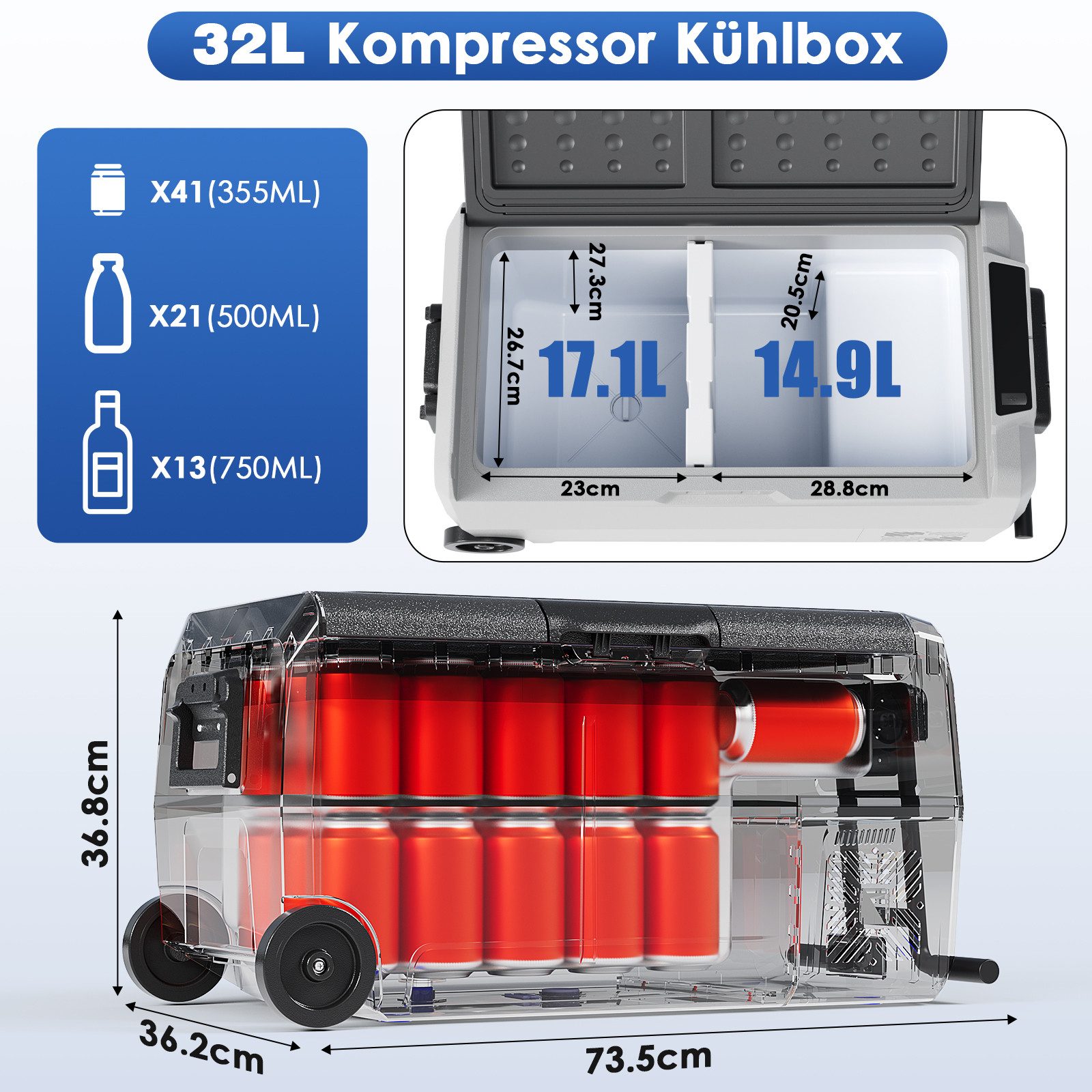 TLGREEN Kühlbox Kompressor Kühlbox 32L, bis -20℃, Zweizonen-Temperaturregelung, 32 l, MAX/ECO Modus, DC 12/24V, Camping Kühlschrank,Kühlbox Auto