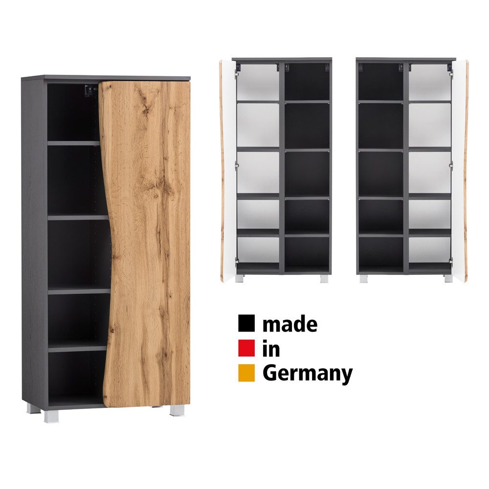 Lomadox Midischrank KAHLA-03 graphit mit Front in Wotan Eiche Nb. mit Baumkantenoptik 60/130/35 cm