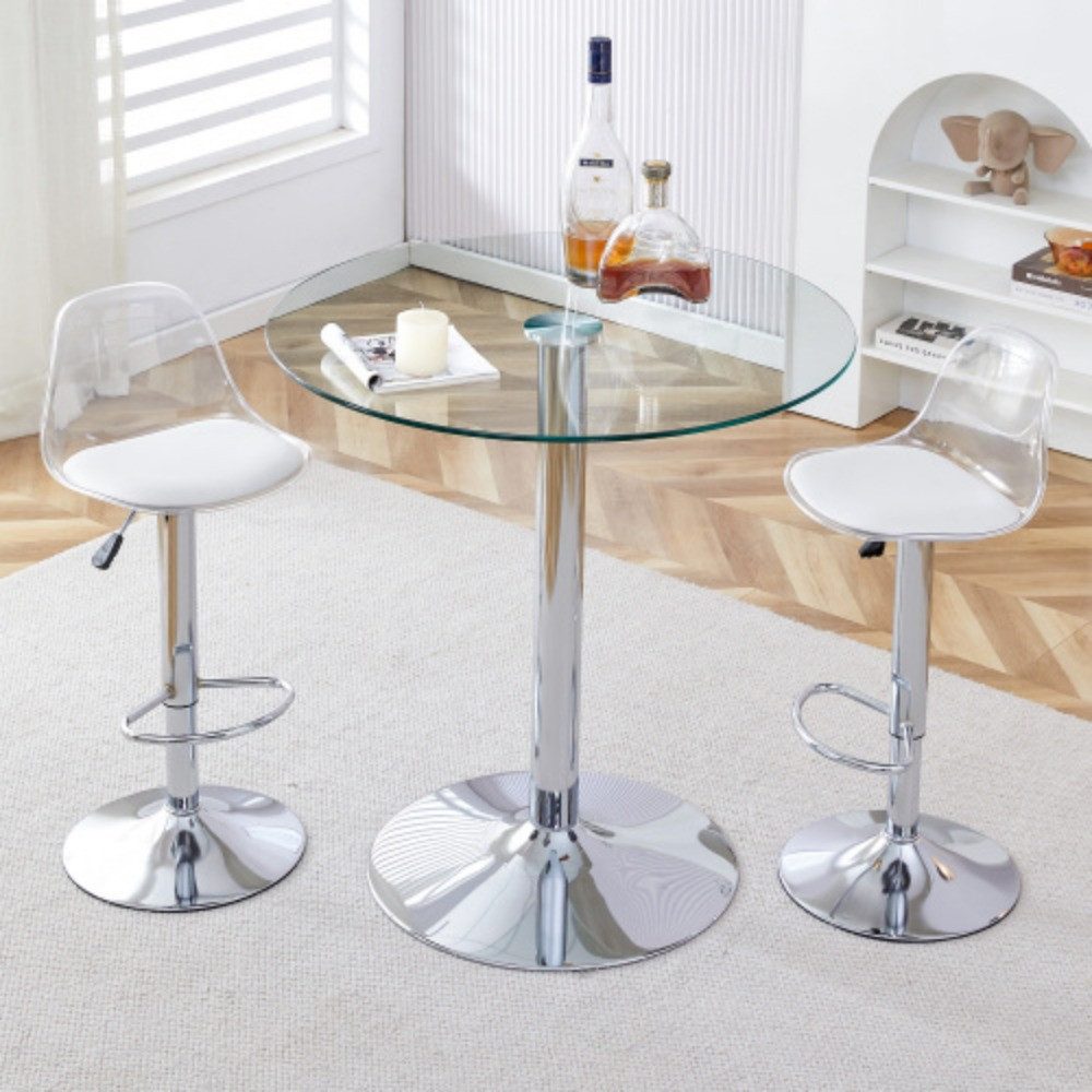 Totnz Bartisch Flexibles Bar-Set: 89 cm Glastisch +2 Hocker mit silberfarbenen Beinen (höhenverstellbar & drehbar.•Transparente Optik • 360°-Drehung)
