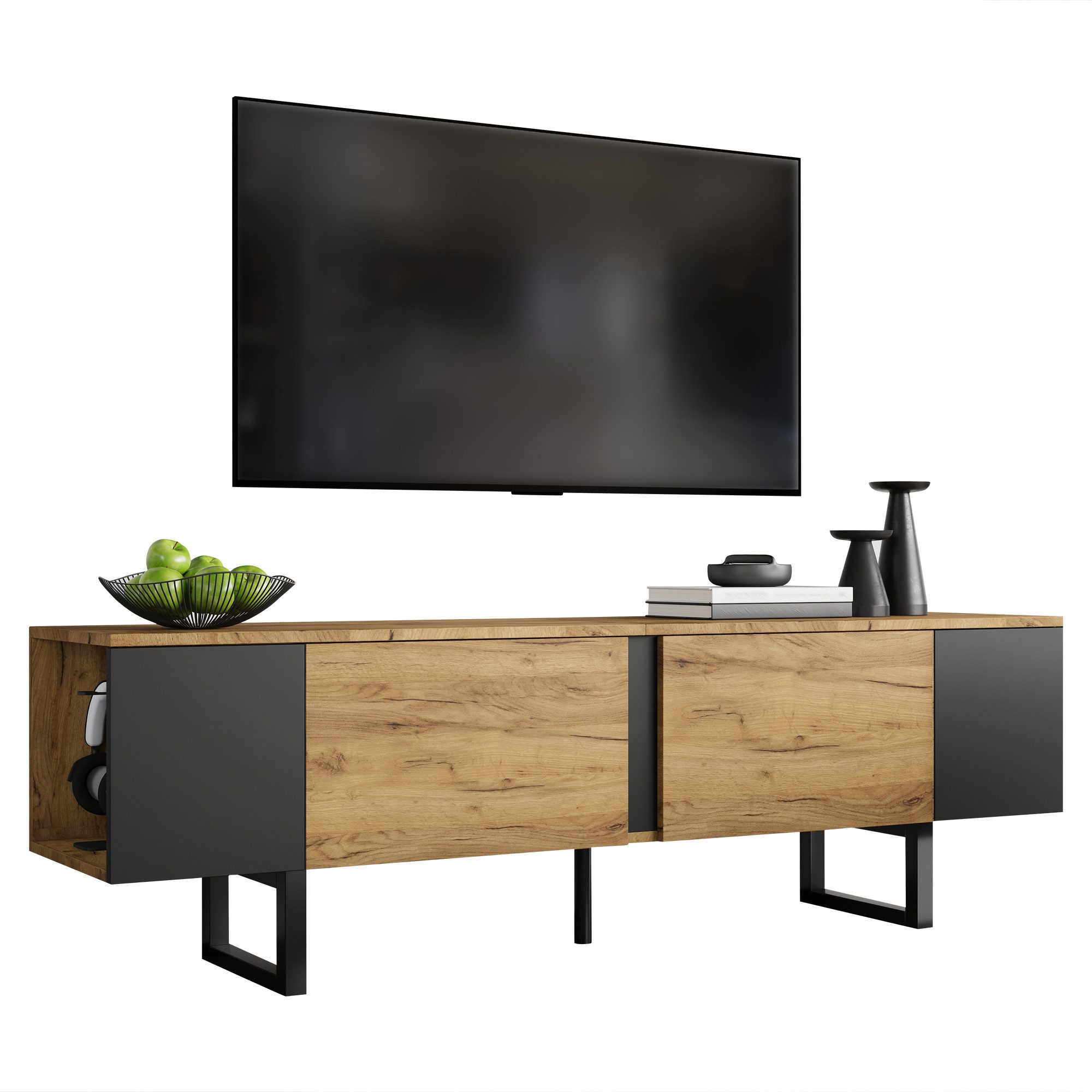 Merax Lowboard in Holzoptik (geeignet für 75 Zoll Fernseher, 1 St), TV-Schrank mit 2 Klapptüren und viel Stauraum, 180x40x55cm
