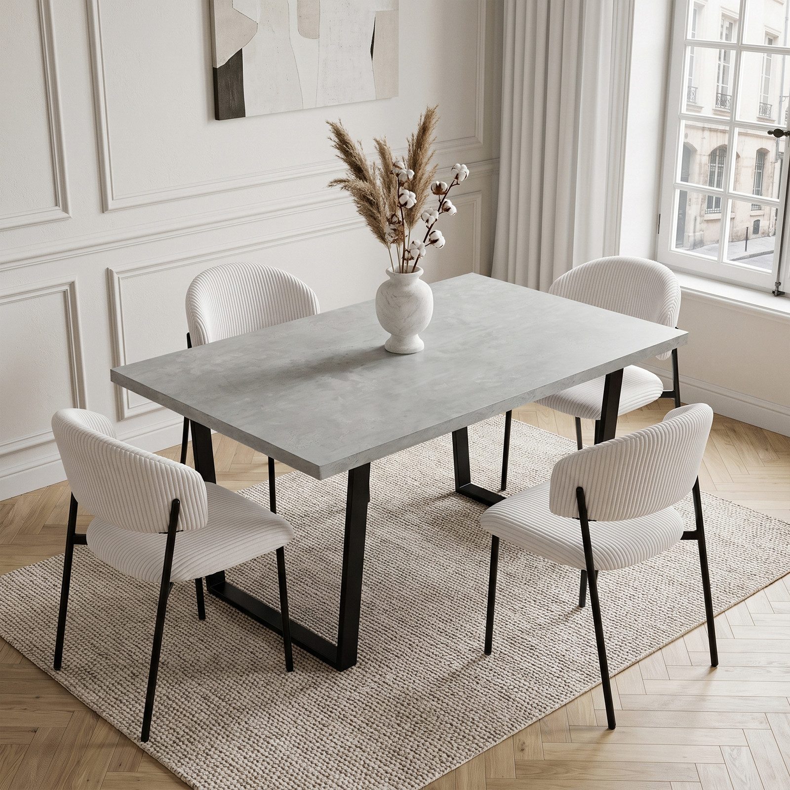 Jiexi Essgruppe Essgruppe 110x70cm MDF-Platte fix Tisch mit Cord-Polsterstühlen