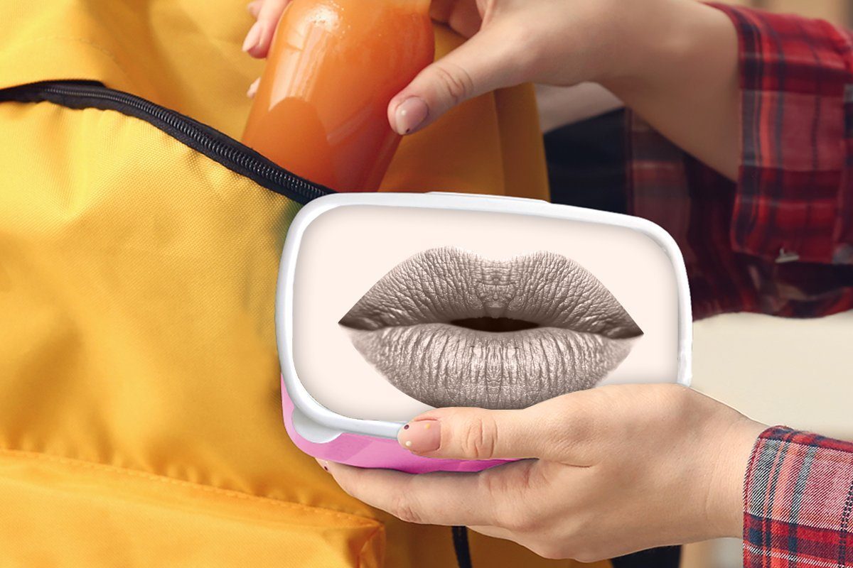 MuchoWow Lunchbox Lippen - Pastell Kunststoff für Mädchen, Brotbox Snackbox, Brotdose - Grau, rosa Erwachsene, Kunststoff, (2-tlg), Kinder
