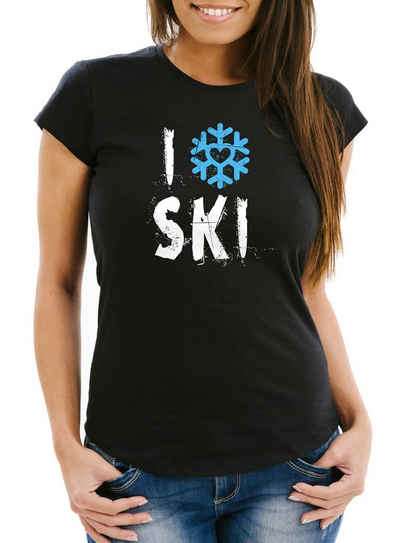 MoonWorks Print-Shirt Damen T-Shirt I Love Ski Ich liebe Ski Wintersportler Ski-Fahrer Slim Fit Moonworks® mit Print