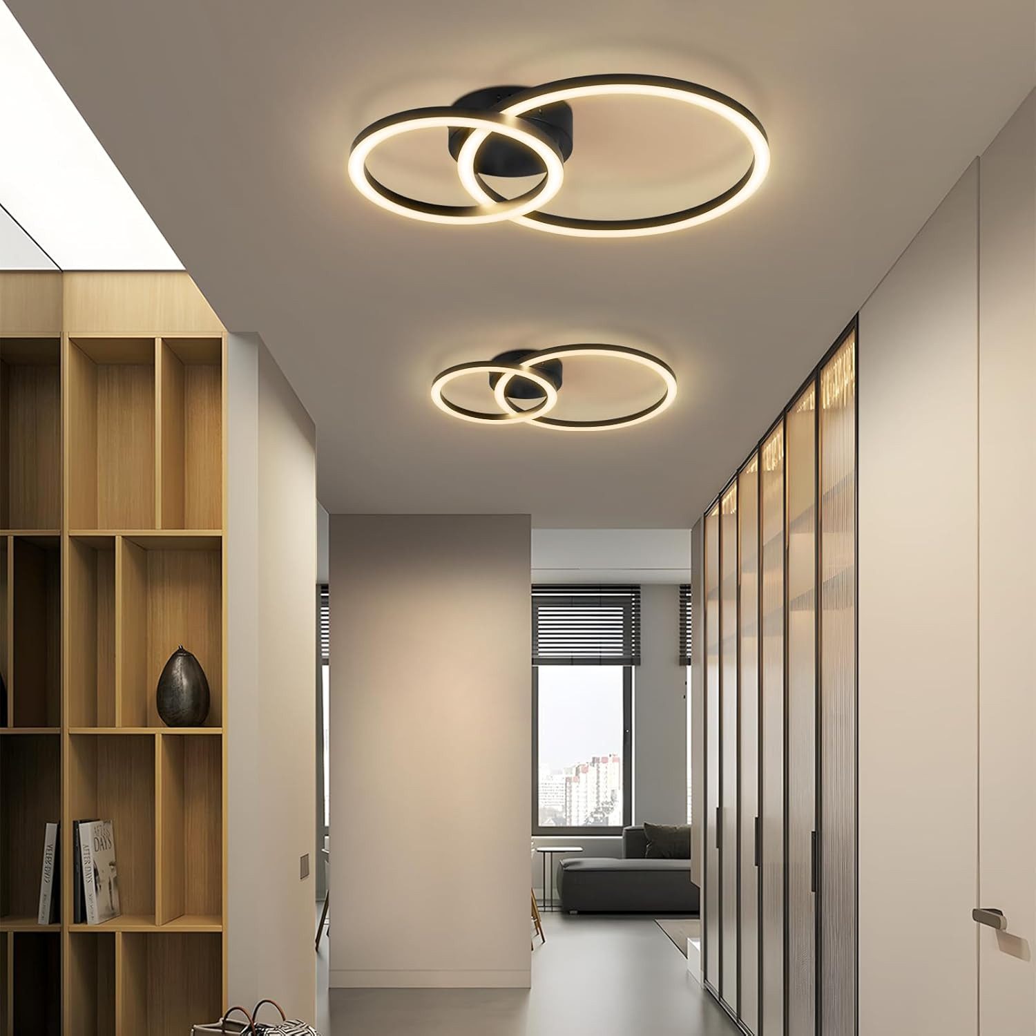 ZMH Deckenleuchte LED Deckenlampe 40cm schwarz Wohnzimmer warmweiß 2-Ringe-Design, LED fest integriert, Warmweiß, LED Deckenlampe