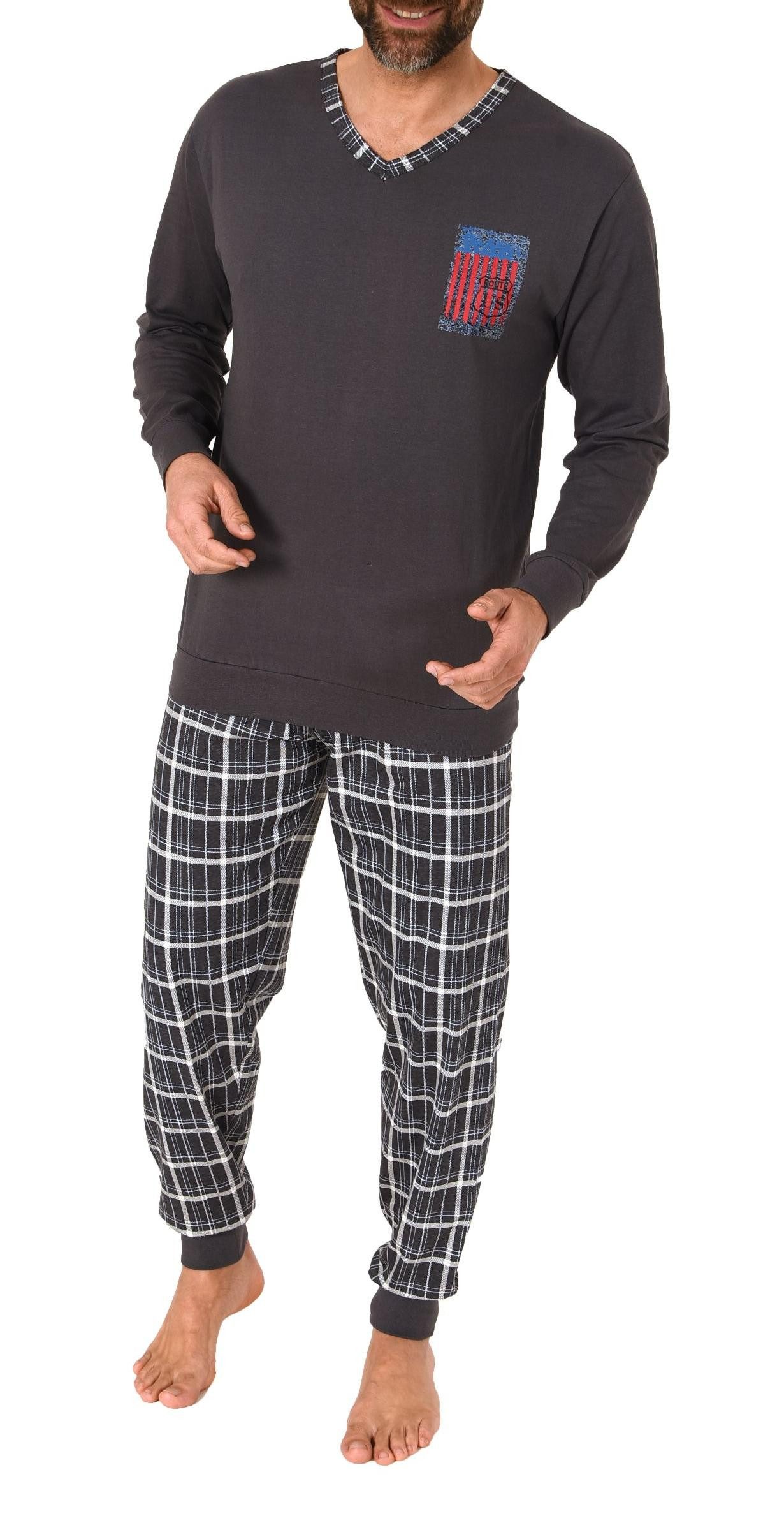 Pyjama Herren langarm Schlafanzug mit Bündchen und karierter Jersey Hose