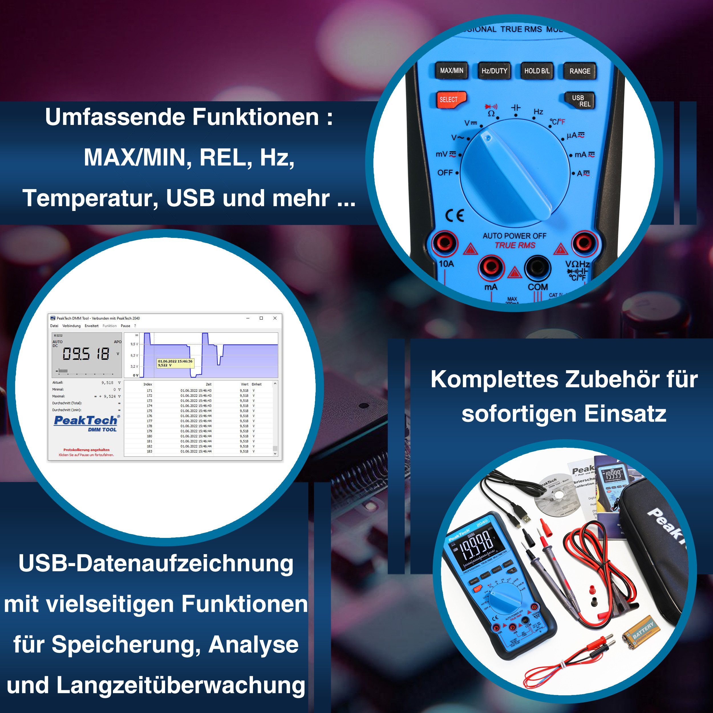 PeakTech Multimeter True RMS Digitalmultimeter 1000V 20A 20000 Counts USB