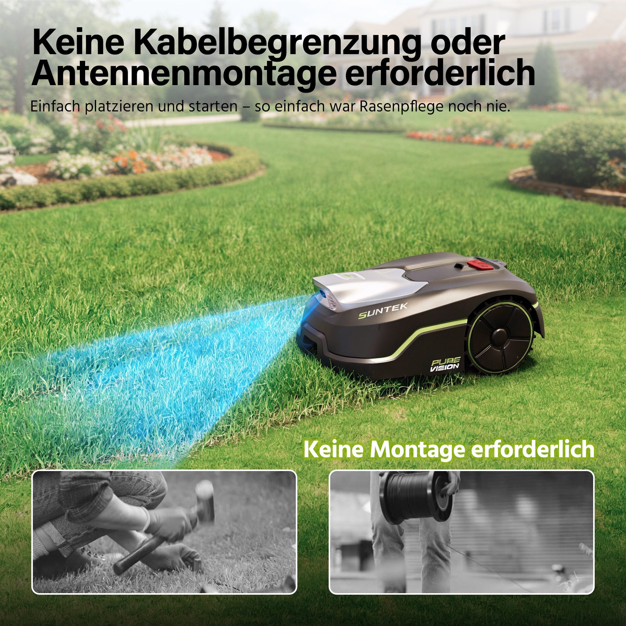 SUNTEK Rasenmähroboter Pure Vision Mähroboter ohne Begrenzungskabel, bis 250 m² Rasenfläche, (1-St), App, 35% Steigung