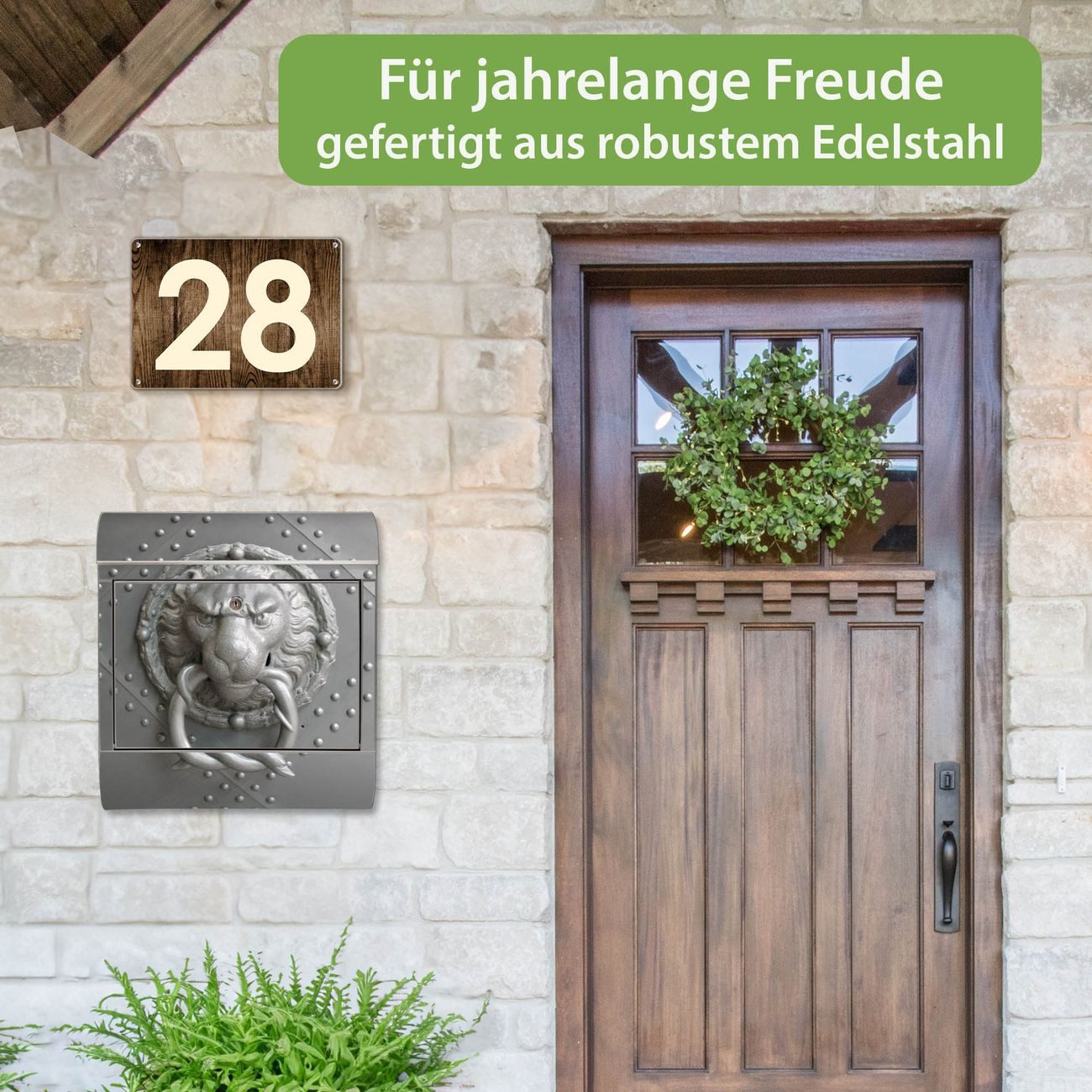 banjado Wandbriefkasten Edelstahl mit Motiv Eisentor (Wandbriefkasten groß, mit Zeitungsfach), 38 x 42,5 x12 cm