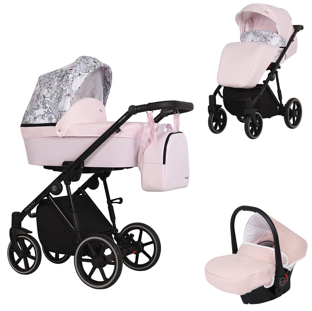 babies-on-wheels Kombi-Kinderwagen Molto 3 in 1 inkl. Autositz - 13 Teile - von Geburt bis 4 Jahre Rosa-Dekor = schwarzes Gestell