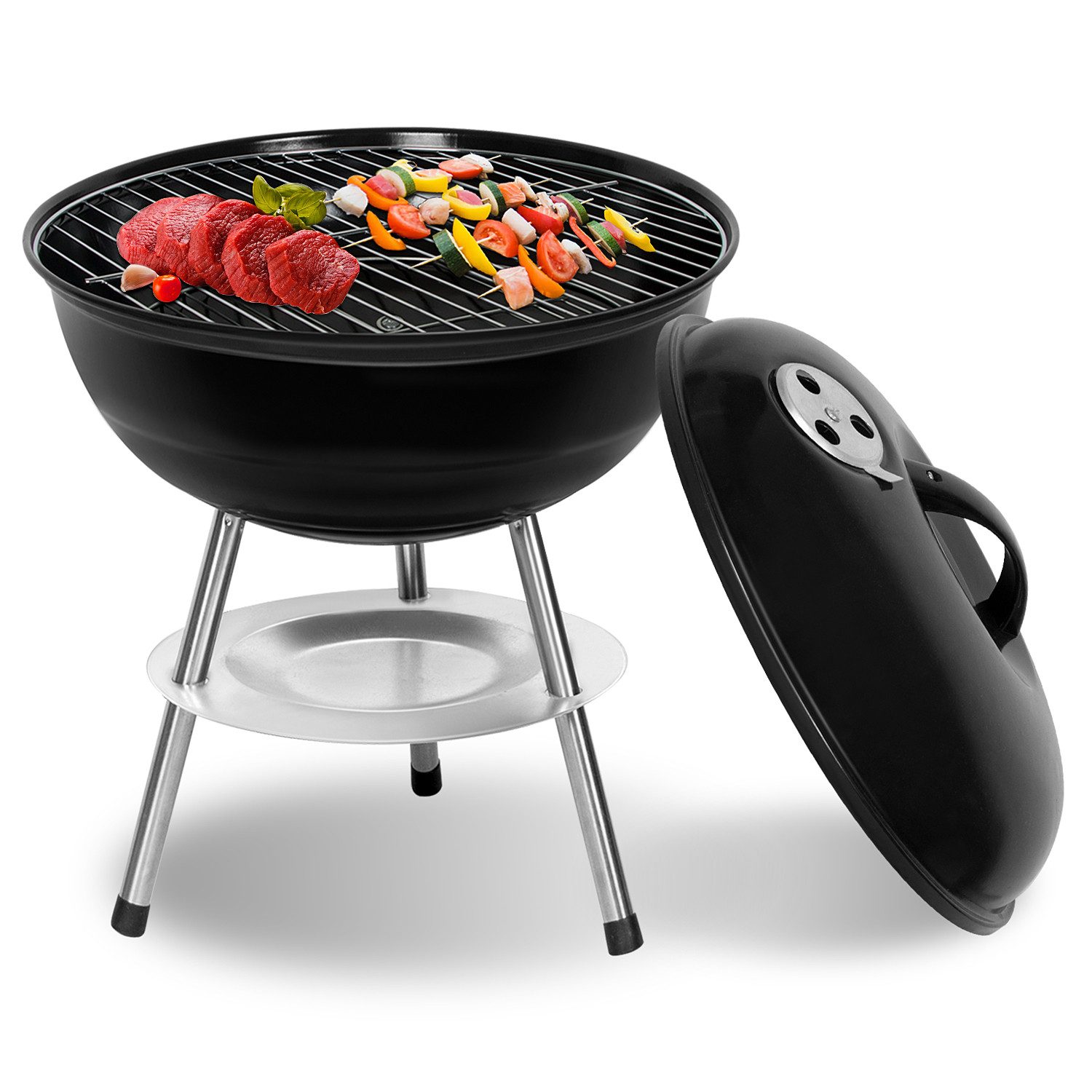 SunJas Holzkohlegrill Kugelgrill Campinggrill CA-60 mit Luftventilen Deckel und Rädern, Ø36,6cm Geeignet für 3-5 Personen, BBQ Grills XL Standgrill Grillwagen Rundgrill kohlegrill