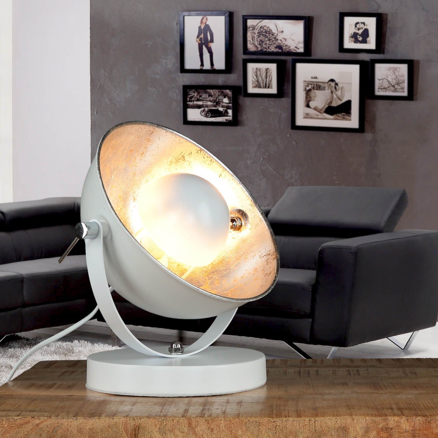 Silber H: BARAN, cm Weiß Lampe Studio ohne verstellbar Nachttischlampe Retro Licht-Erlebnisse Metall Leuchtmittel, Design 27 E14