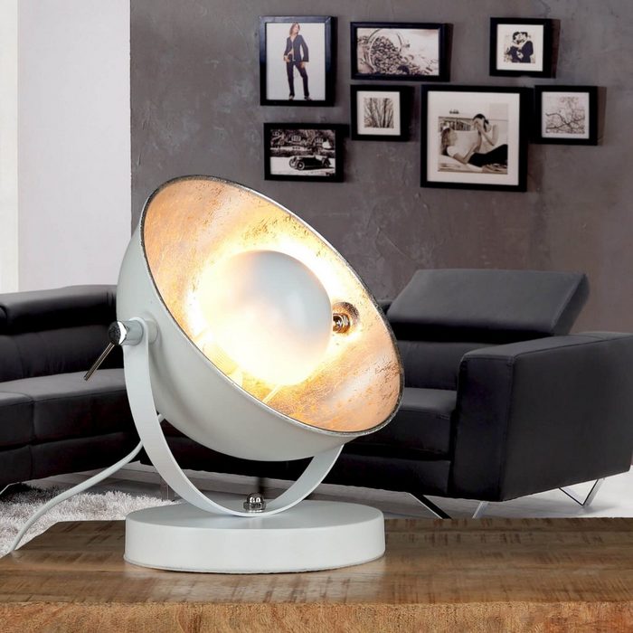 Licht-Erlebnisse Nachttischlampe BARAN ohne Leuchtmittel Tischlampe rund verstellbar E14 Retro Weiß Silber aus Metall