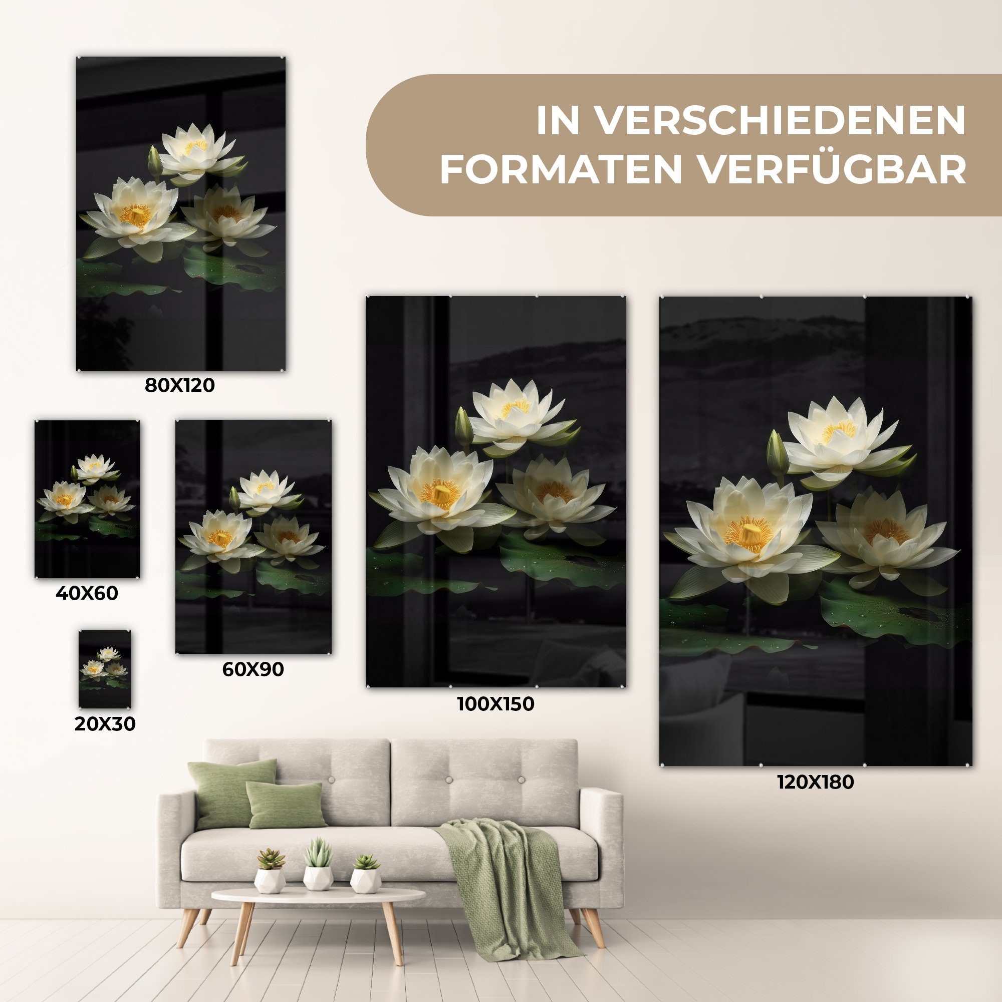 auf - - Wandbild Foto - Acrylglasbild auf (1 Glas - MuchoWow - Weiß Natur St), Glasbilder Bilder - Wanddekoration Schwarz, Blumen Glas Lotus -