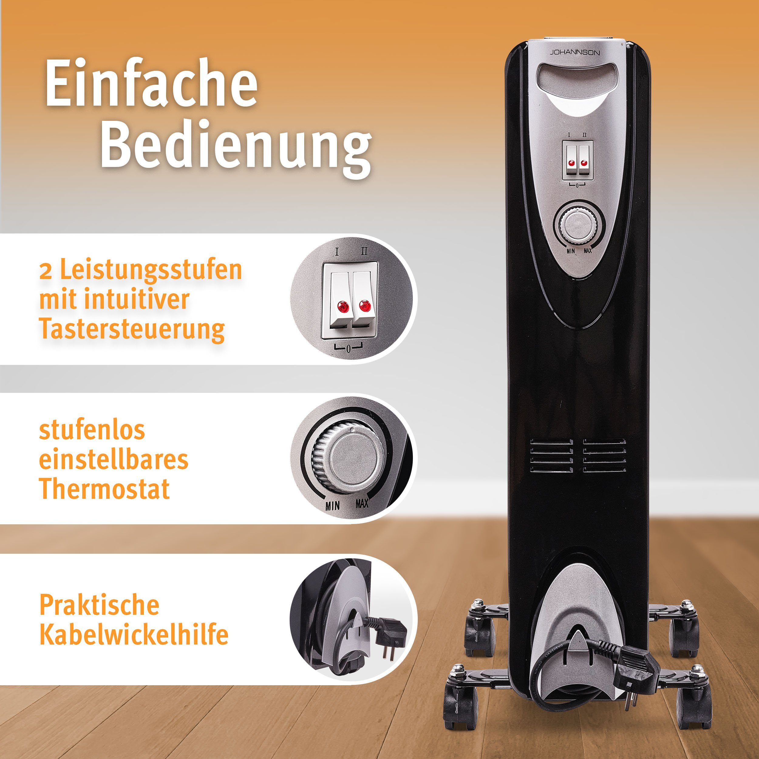 Champ Heizstufen mit Schwarz Thermostat und 9 bis 1500.00 3 Ölradiator 7 Johannson Elektroheizkörper, Heizelementen, Ölradiator Mobile W, Heat Heizung