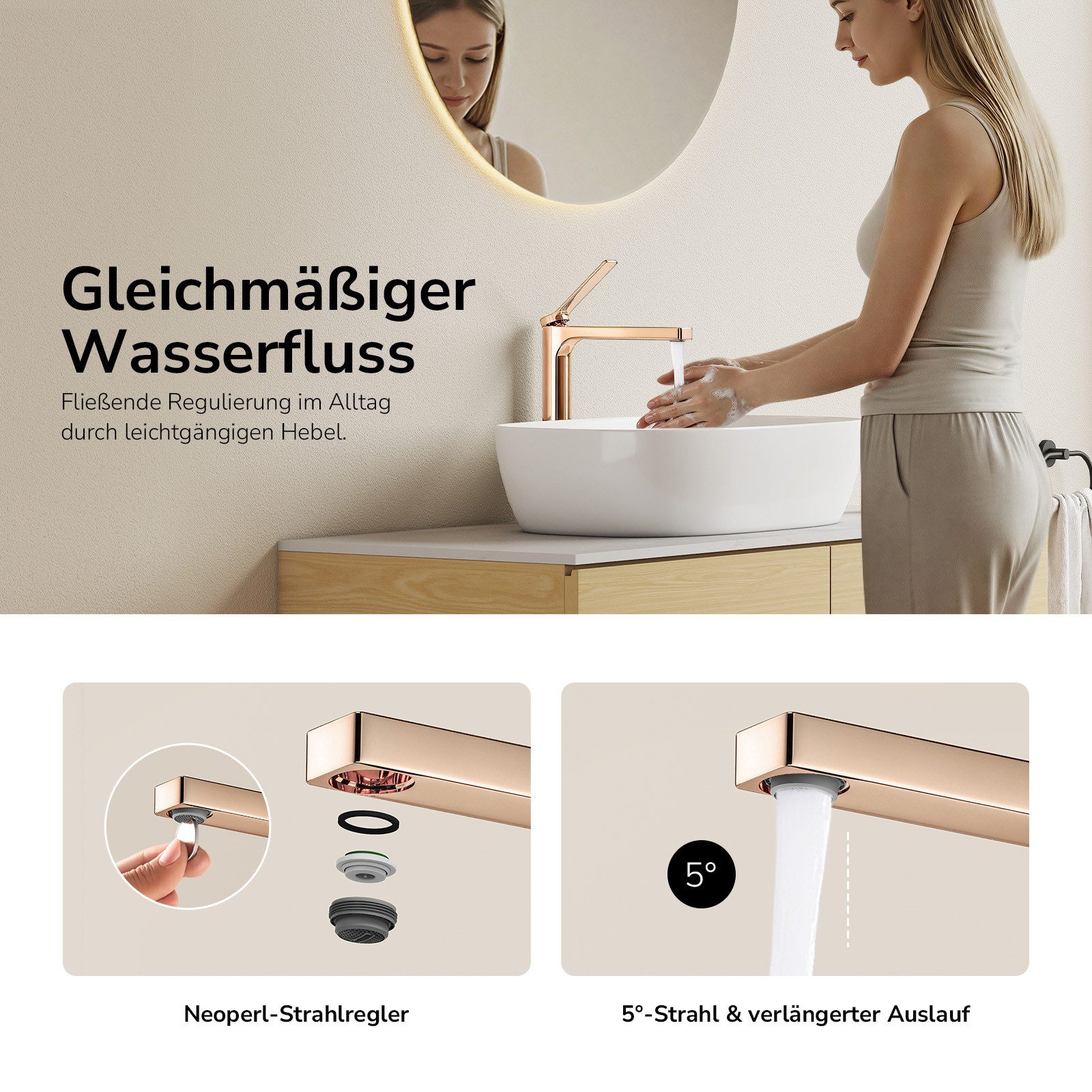 EMKE Waschtischarmatur Badezimmer Mischbatterie Einhebel Wasserhahn für Aufsatzbecken (Mischbatterie) Hoch 26,5 cm chrom/Schwarz/Champagne Gold/Rose Gold/Weiß – Bild 3 von 5