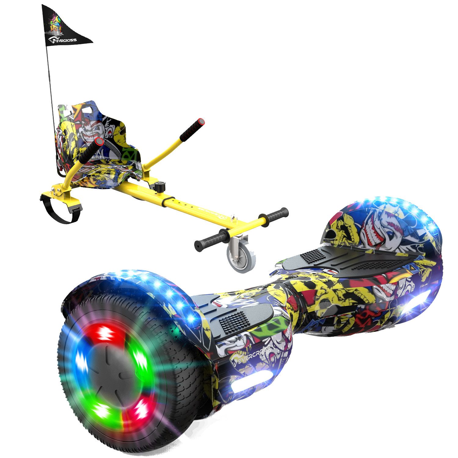 EVERCROSS TECH Balance Scooter 6.5” Hoverboard mit Sitz, Leuchtende Reifen, Bluetooth-Musik, LED-Lichter, bis zu 10-15 km, Geschenke für Kinder