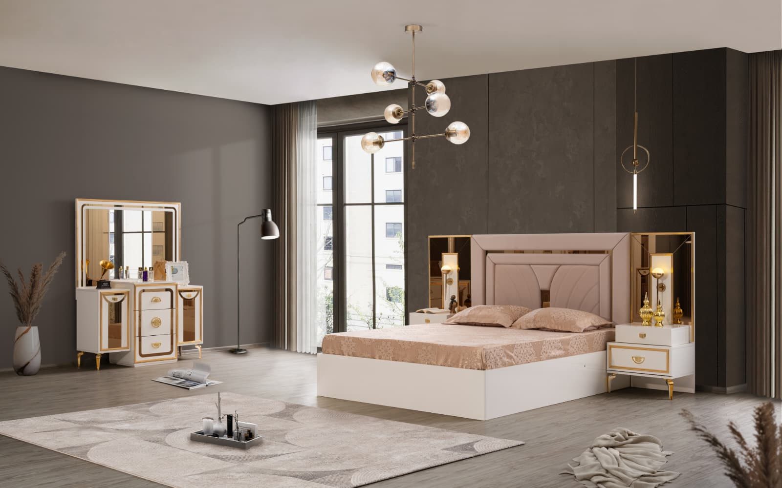 JulietHome Schlafzimmer-Set Piramit, (Set, Kleiderschrank, Boxspringbett mit Nachttischen, Kommode mit Spiegel), Integrierte Bettlampen