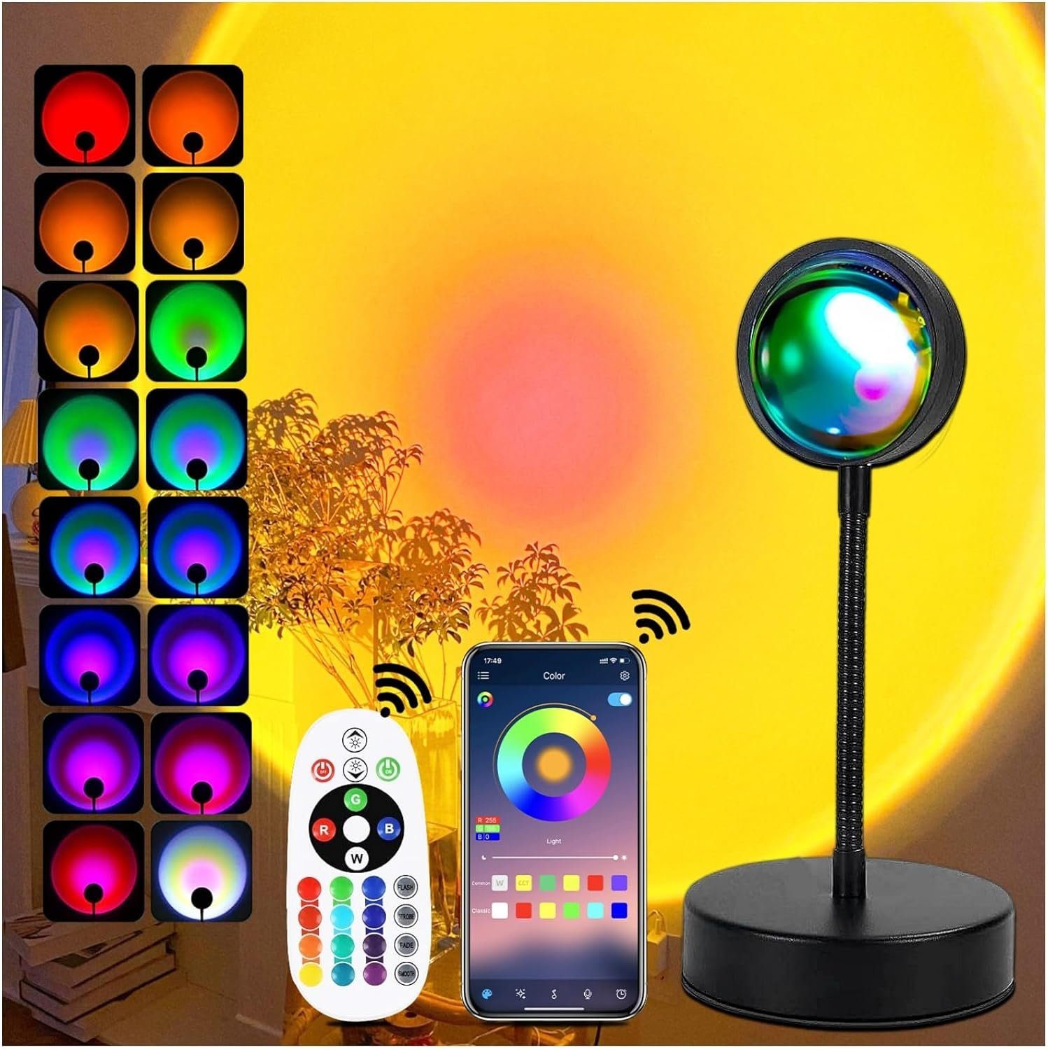 AKKEE Projektionslampe Sunset Lamp Sonnenuntergang Lampe Led Licht Nachtlicht mit App Control, 16 Farben und 4 dynamische Modi, LED fest integriert, Warmweiß, für Selfie Lampe Beleuchtung Wohnzimmer Party Lampe Schlafzimmer