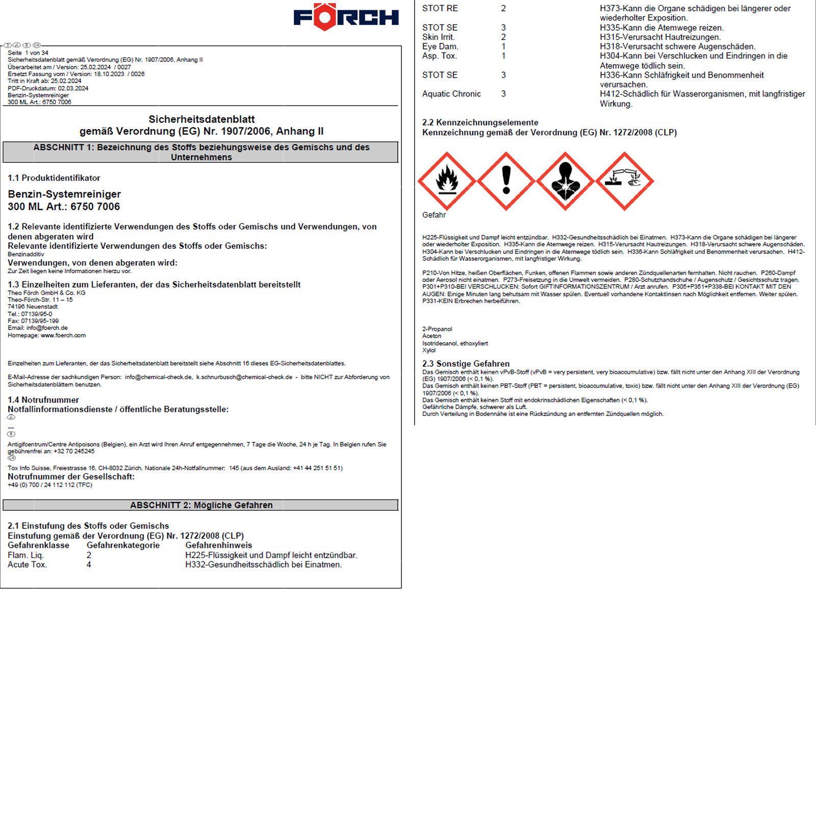 FÖRCH Benzin-Stabilisator Benzin-Systemreiniger - 0.3 Ltr
