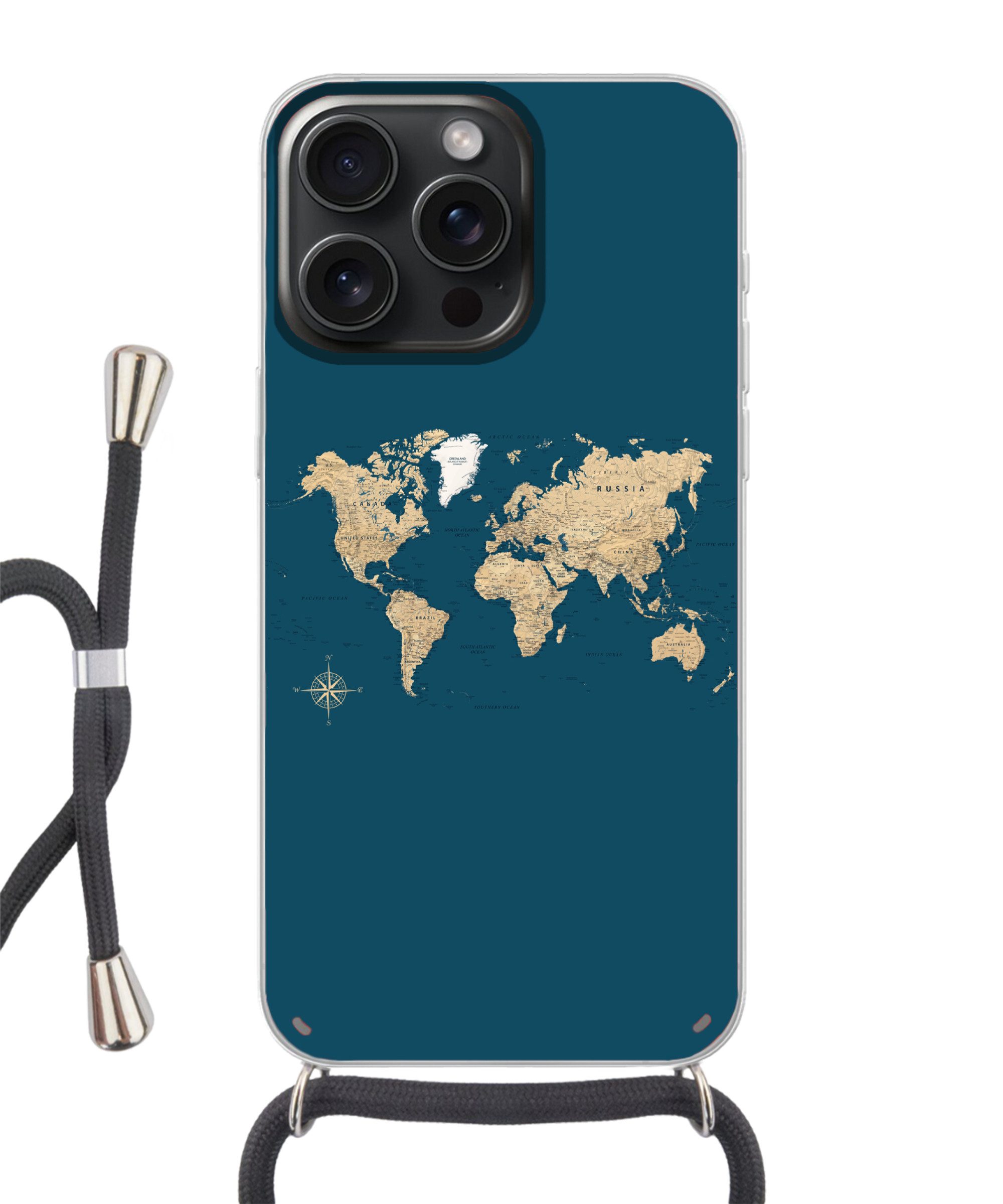 MuchoWow Handyhülle für Apple iPhone 15 Pro Max Weltkarte - Dunkelblau - Beige, Tragbare Handyhüllen mit Kette zum umhängen, Handykette Handyband