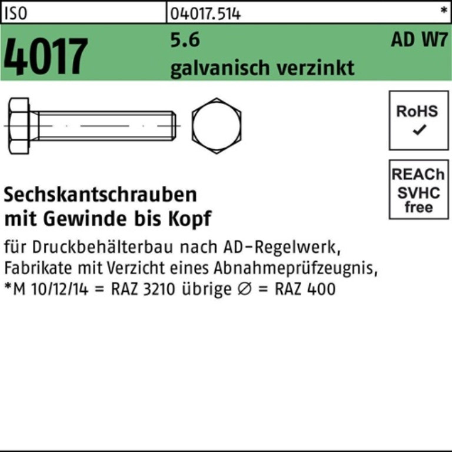 90 W7 5.6 4017 Sechskantschraube Sechskantschraube VG ISO 100er AD galv.verz. Pack Bufab M27x