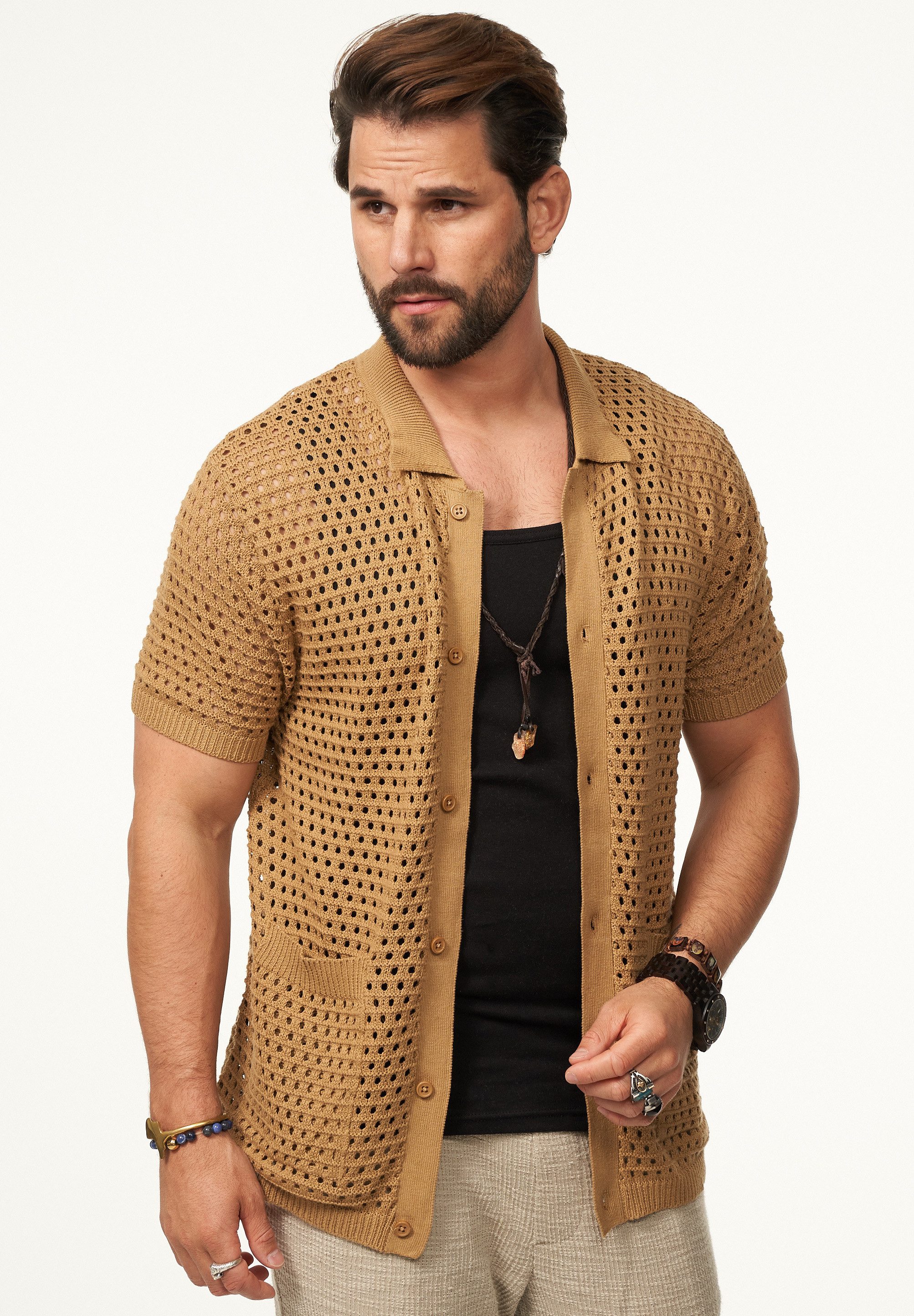 SOULSTAR Poloshirt im Crochet Vintage Summer-Look Herren Kurzarm Strick Polo-Hemd Cardigan T-Shirt