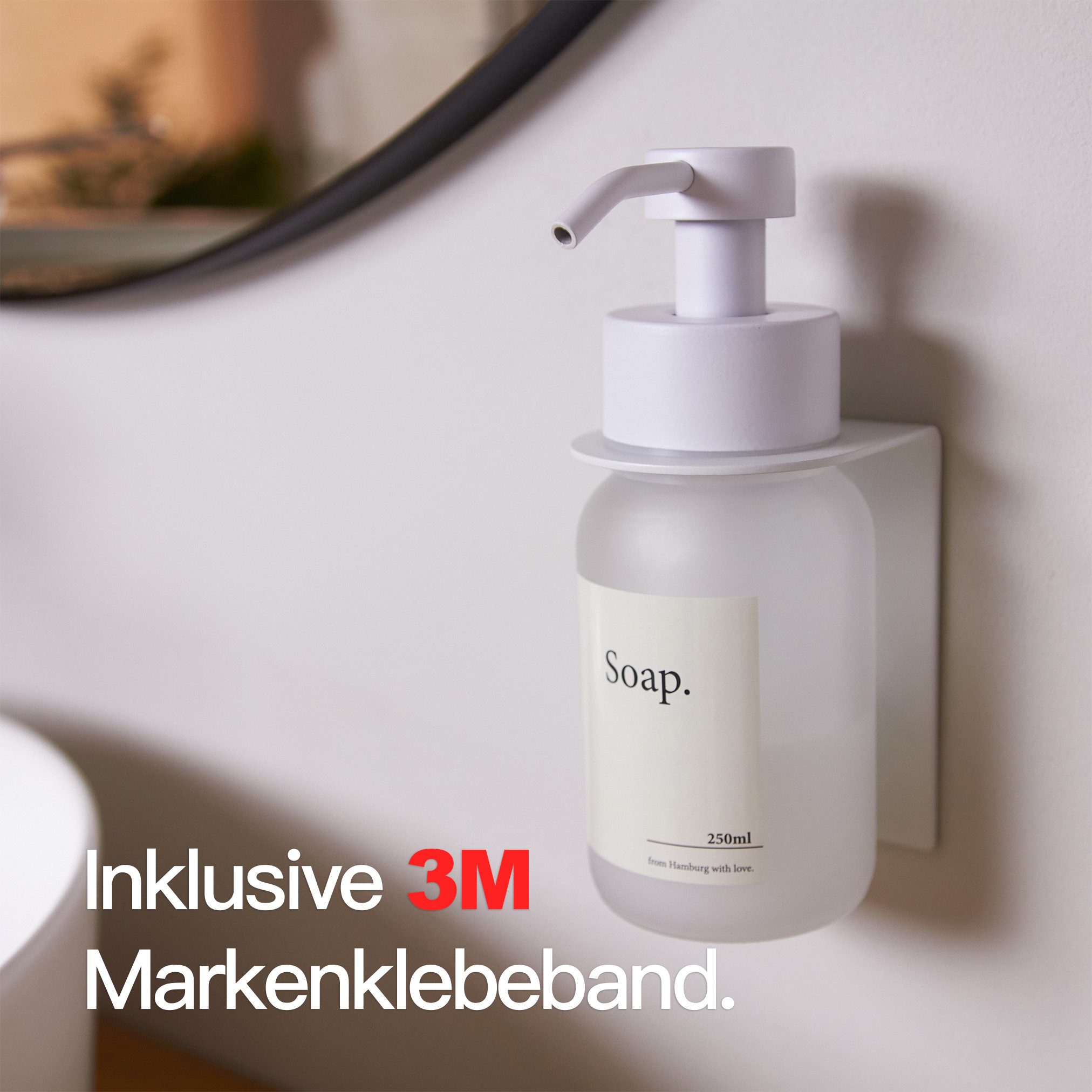Designfabrik Hamburg Seifenspender Wandmontage ohne Bohren 250 ml, Pumpspender für Flüssigseife, (1-tlg), Glas & Edelstahl, inkl. Markenklebeband für besonders starken Halt