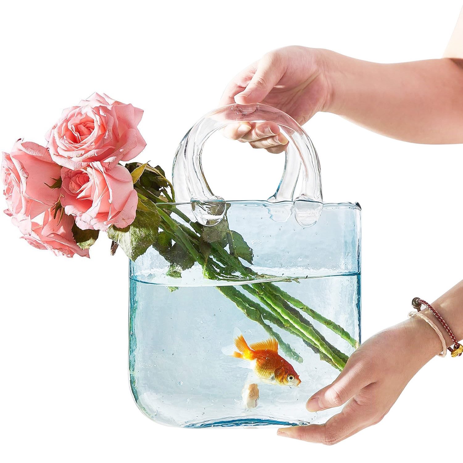 HEYHIPPO Dekovase Handgefertigte Glasvase in Handtaschenform, hellblau– für Blumen (Dekorative Glasvase– Handtaschen-Design, für Wohnzimmer & Tisch), Blumenvase aus Glas mit Blasendekor – handgefertigt, 26,5×19,5×11 cm