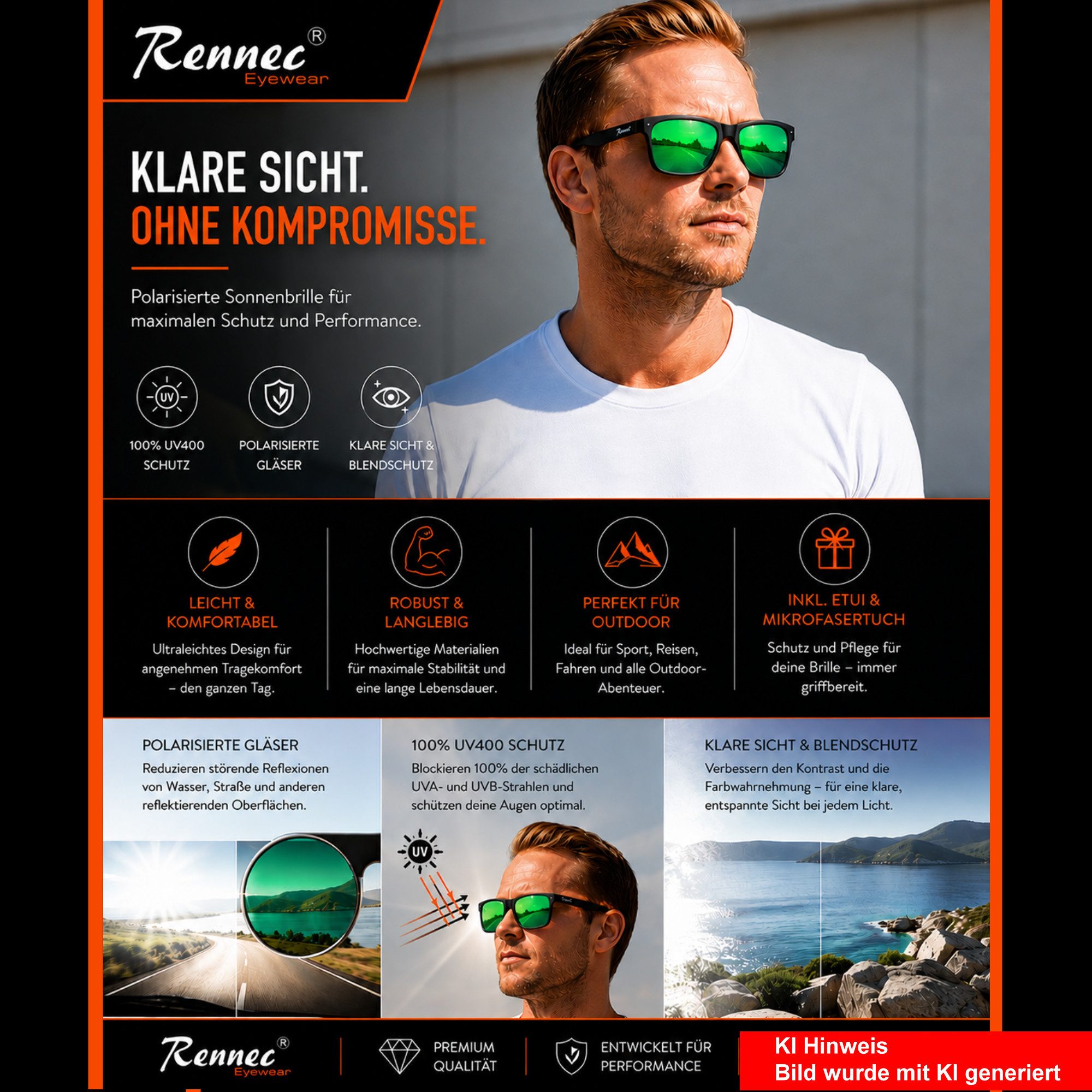 Rennec Sonnenbrille Herren Polarisiert Rechteckig Carbon Optik mit Hardcase Gläser UV400 Getönt oder Verspiegelt, Edelstahl Bügelgelenke 3in2
