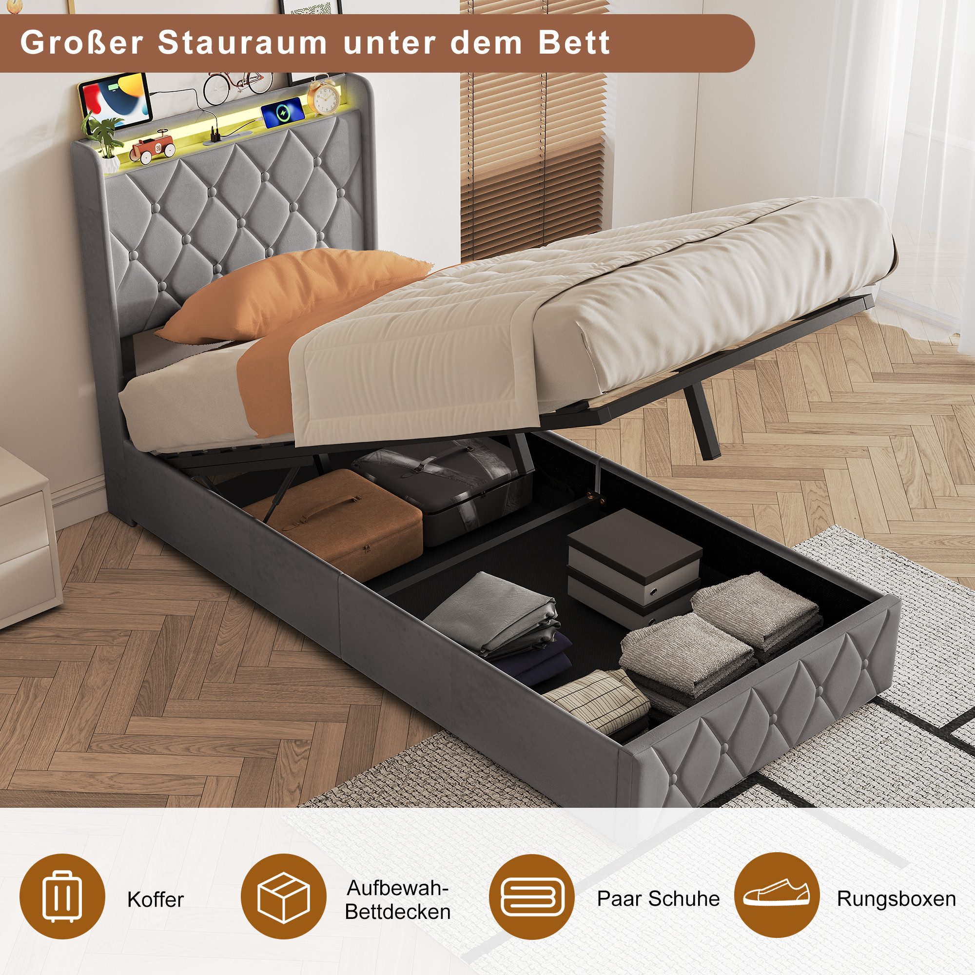Yelenaro Stauraumbett Polsterbett Doppelbett Mit USB+Typ C und LED-Leuchten (Packung, 1-tlg., Jugendbett), 90x200 cm,Mit Bettkasten,Kopfteil und Bettgestell,Sam – Bild 5 von 5