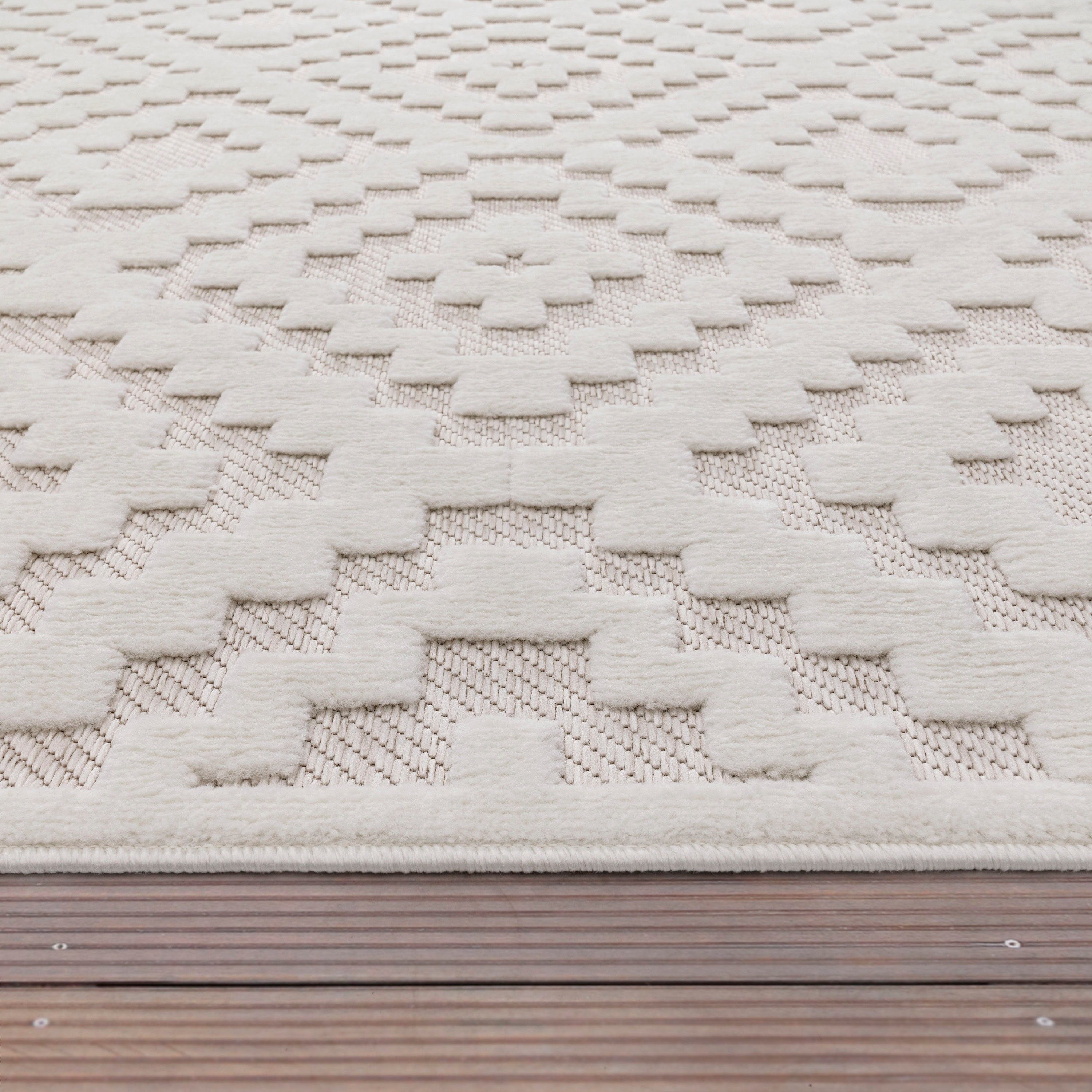 Teppich Livorno 672, Paco Home, Hoch-Tief Muster, Scandi, Höhe: creme Outdoor Uni-Farben, rechteckig, Rauten geeignet 14 mm, Effekt