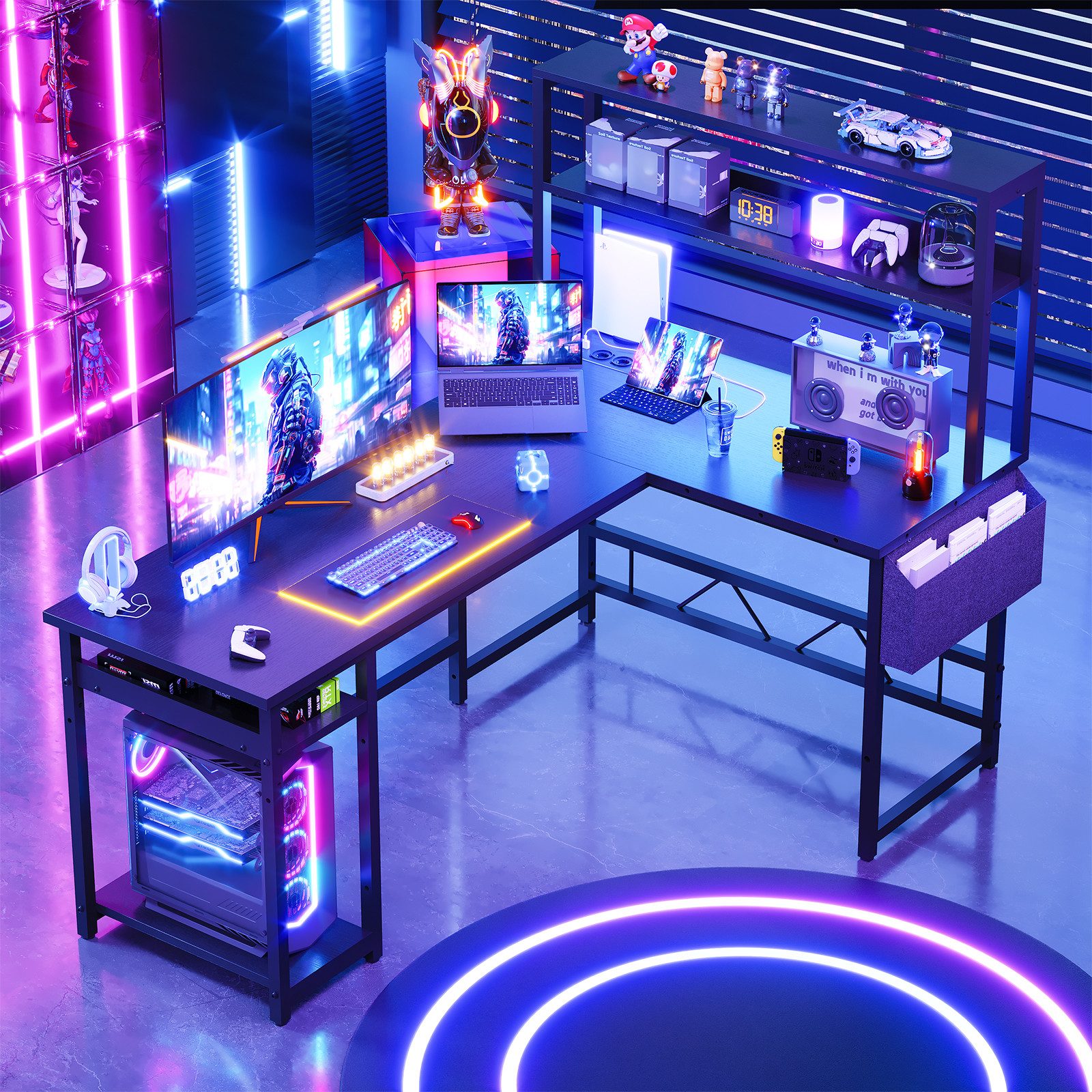 HOMALL Gamingtisch Schreibtisch mit USB L-förmiger Ecktisch 155cm (Mit großem Ablagefach, USB-Ladeanschluss und Steckdose) – Bild 4 von 5