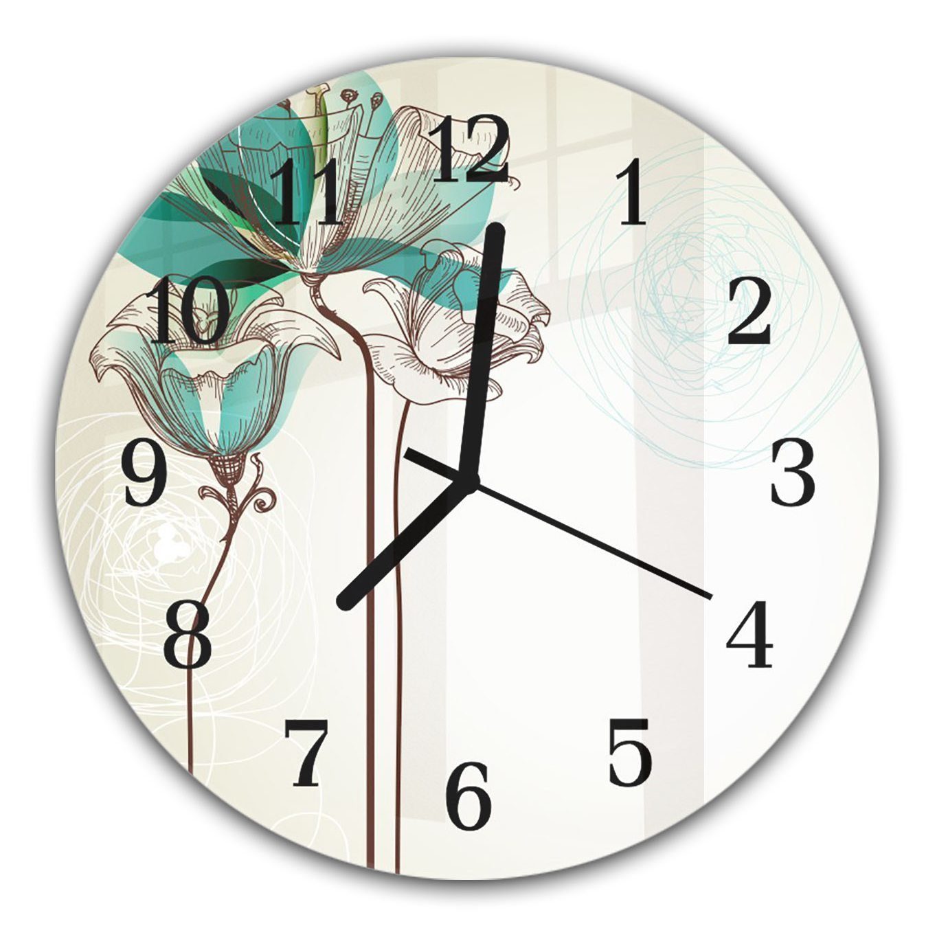 Primedeco Wanduhr Wanduhr aus Glas mit Motiv Blumen digital - Rund mit Durchmesser 30 cm und Quarzuhrwerk