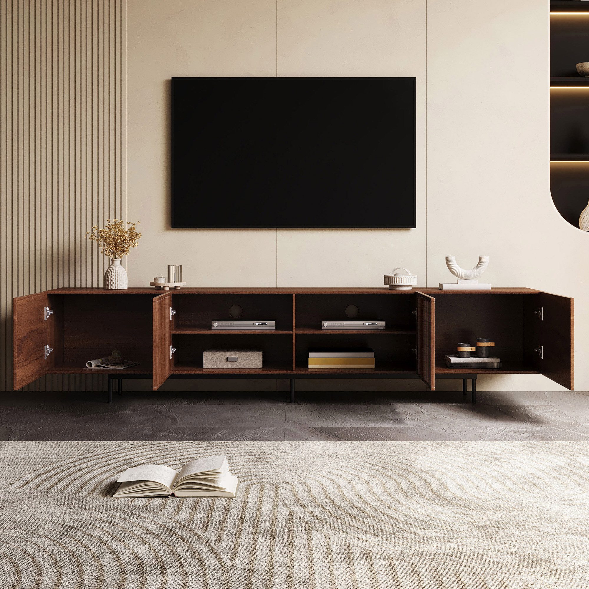 oleyluckidea TV-Schrank TV Lowboard in Walnuss Fernsehschrank für 75-Zoll TVs mit Stauraum Breite 180/240 cm – Bild 5 von 5