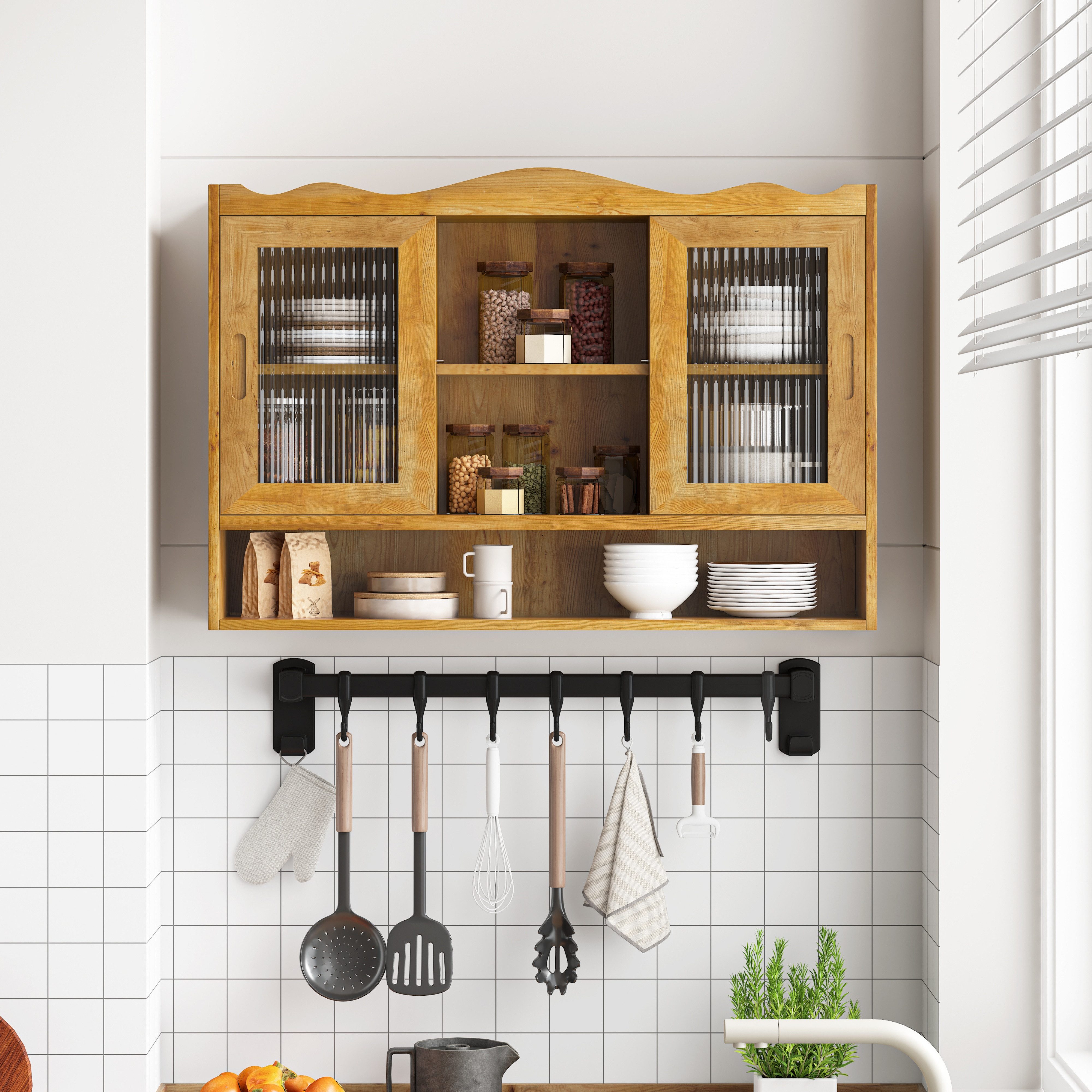 Celya Wandhängeschrank 90 cm Retro-Schiebetürenschrank, mit zwei Türen und drei Ablageflächen, Natürlich