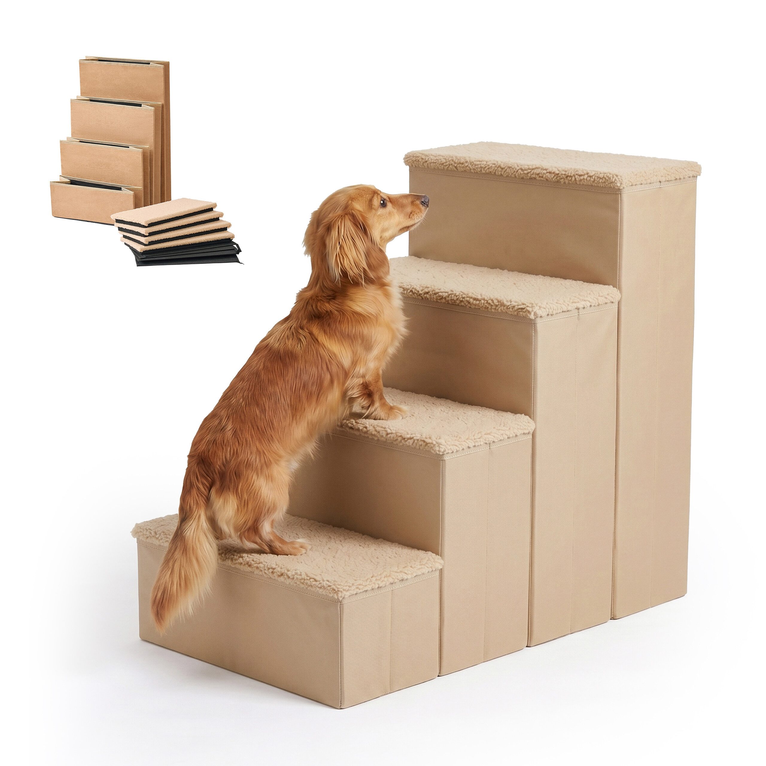relaxdays Haustiertreppe Faltbare Hundetreppe mit Stauraum, Beige, L